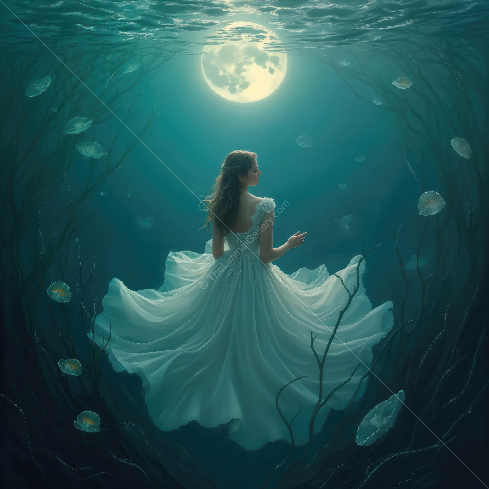 Woman in a white dress swims among glowing jellyfish and tangled branches under the glow of a full moon