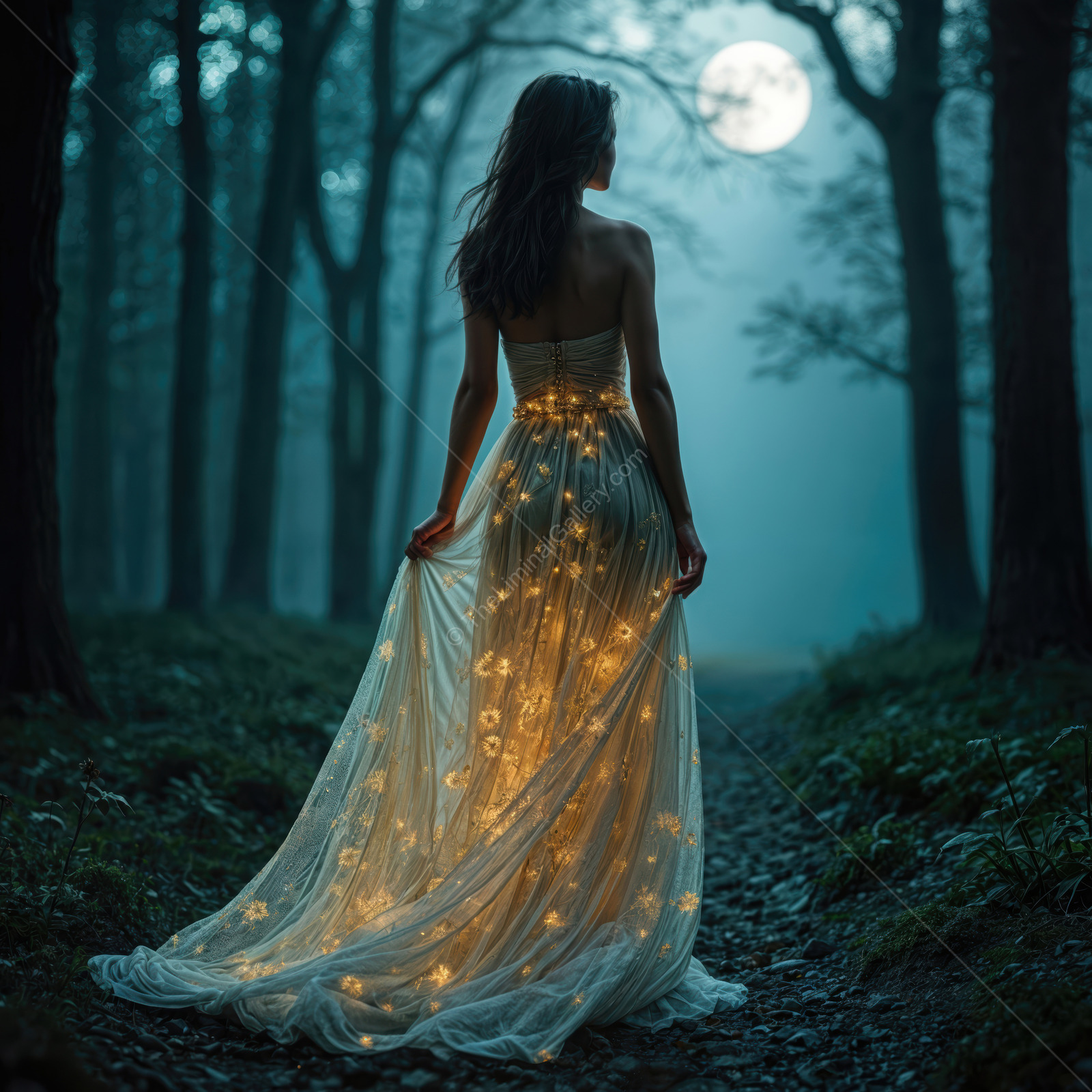 Woman in a glowing gown stands in moonlit woods, tiny lights freckling her dress as mist settles