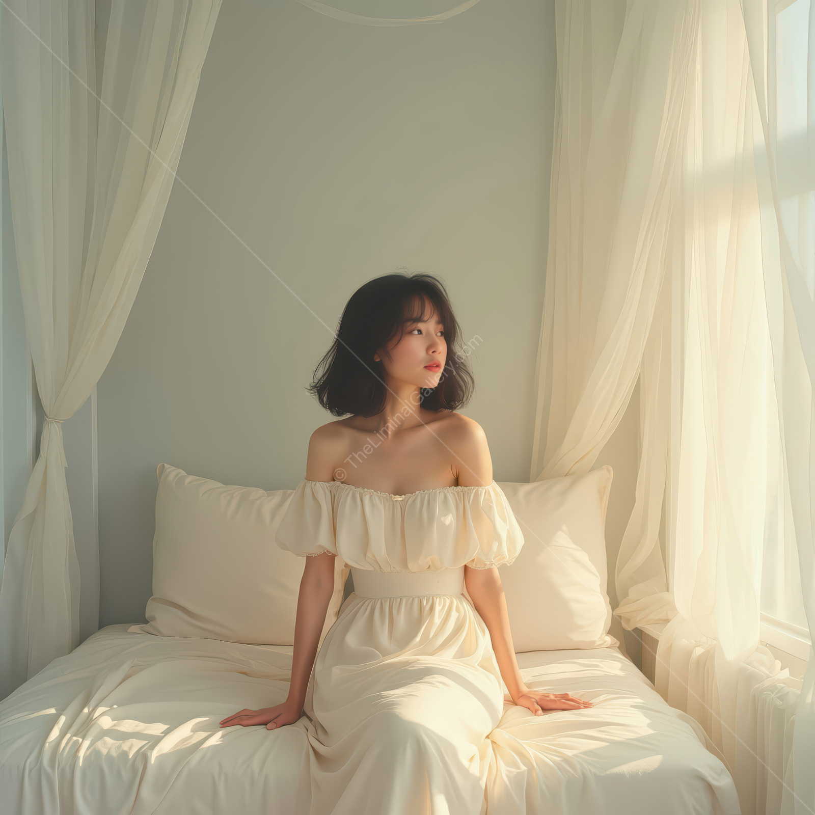 Woman in white sits on a plush bed as morning light filters through sheer curtains across a simple room