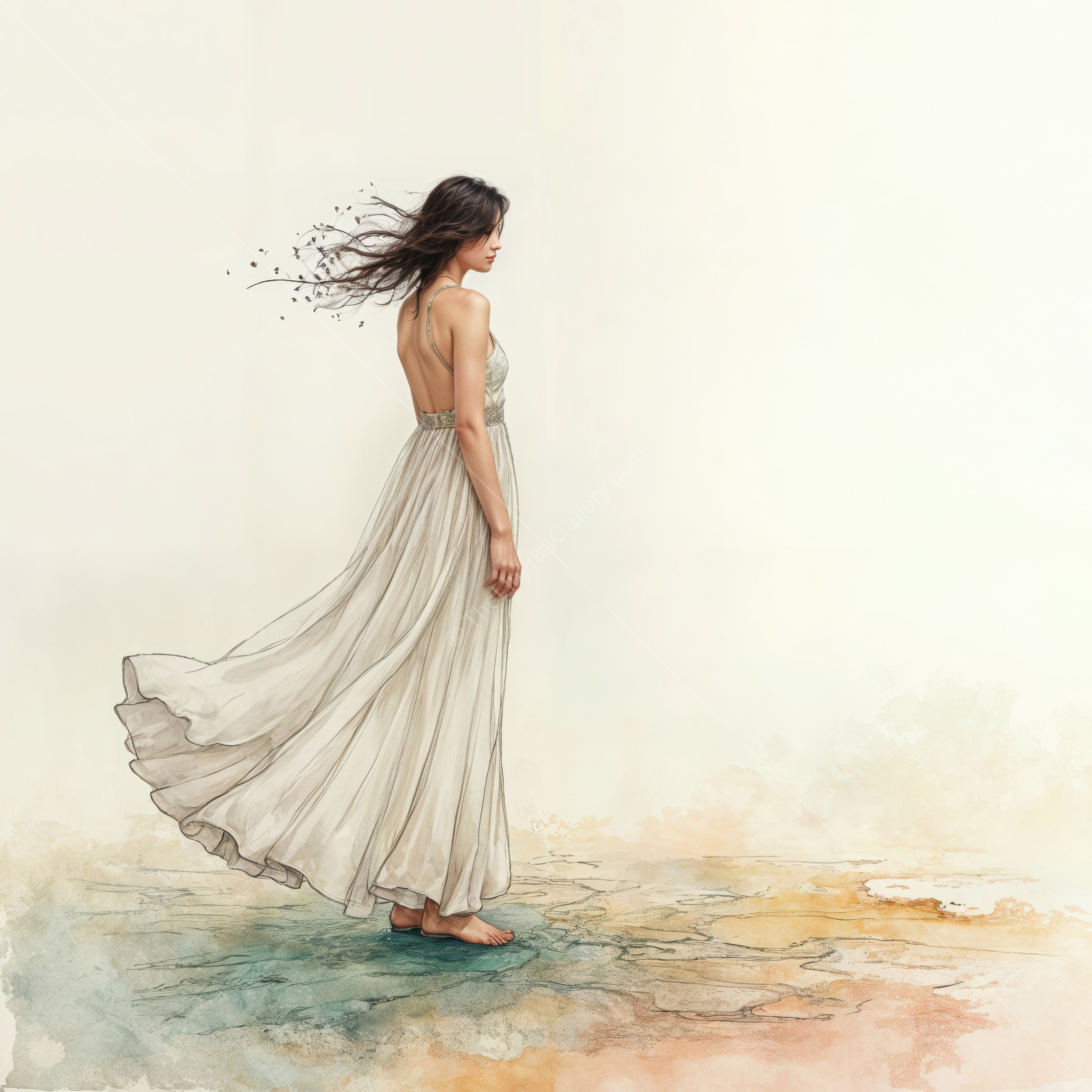 Woman in a long dress stands in muted terrain, fabric and hair moving against a soft horizon