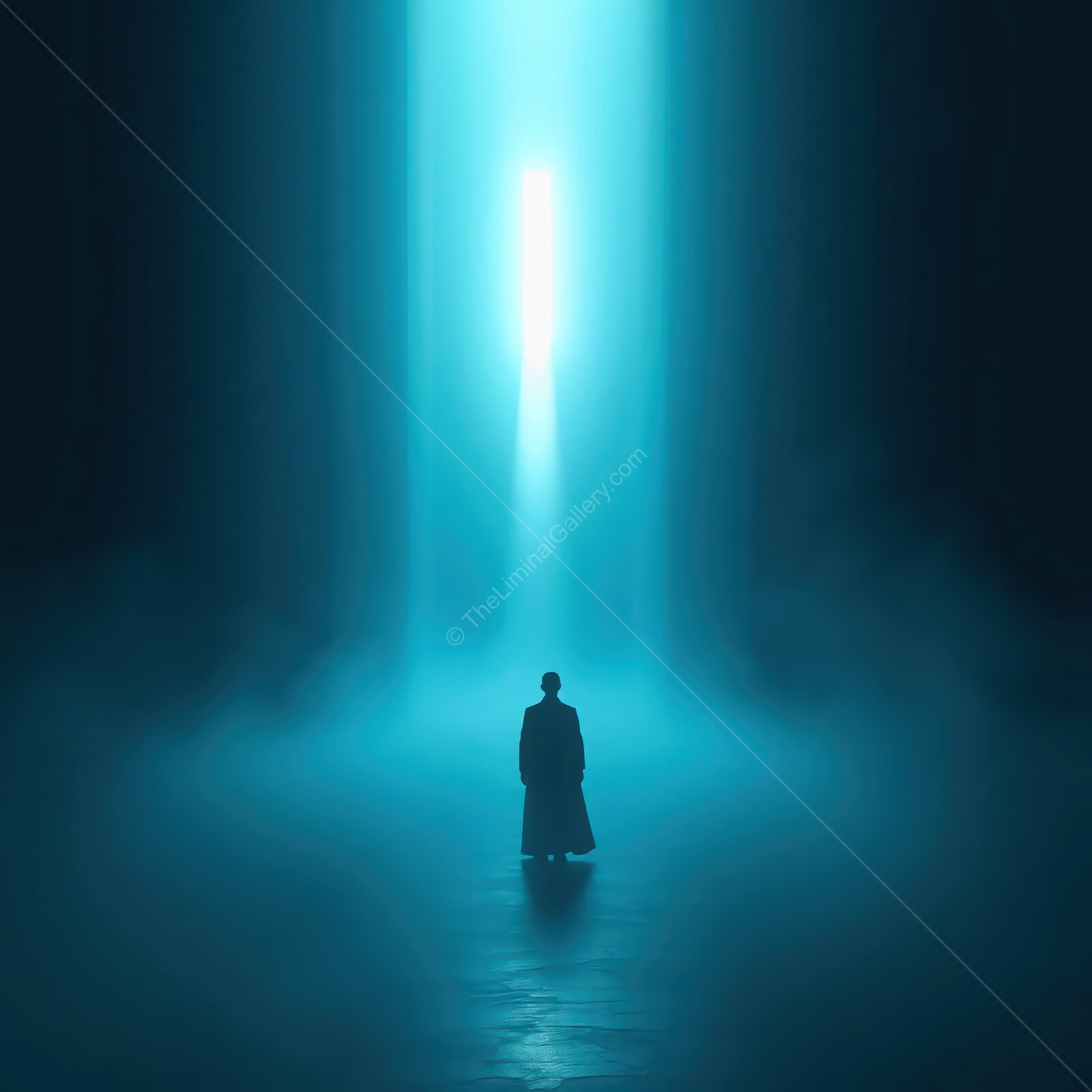 Mysterious figure stands alone under an ethereal light in a dark, fog-filled space