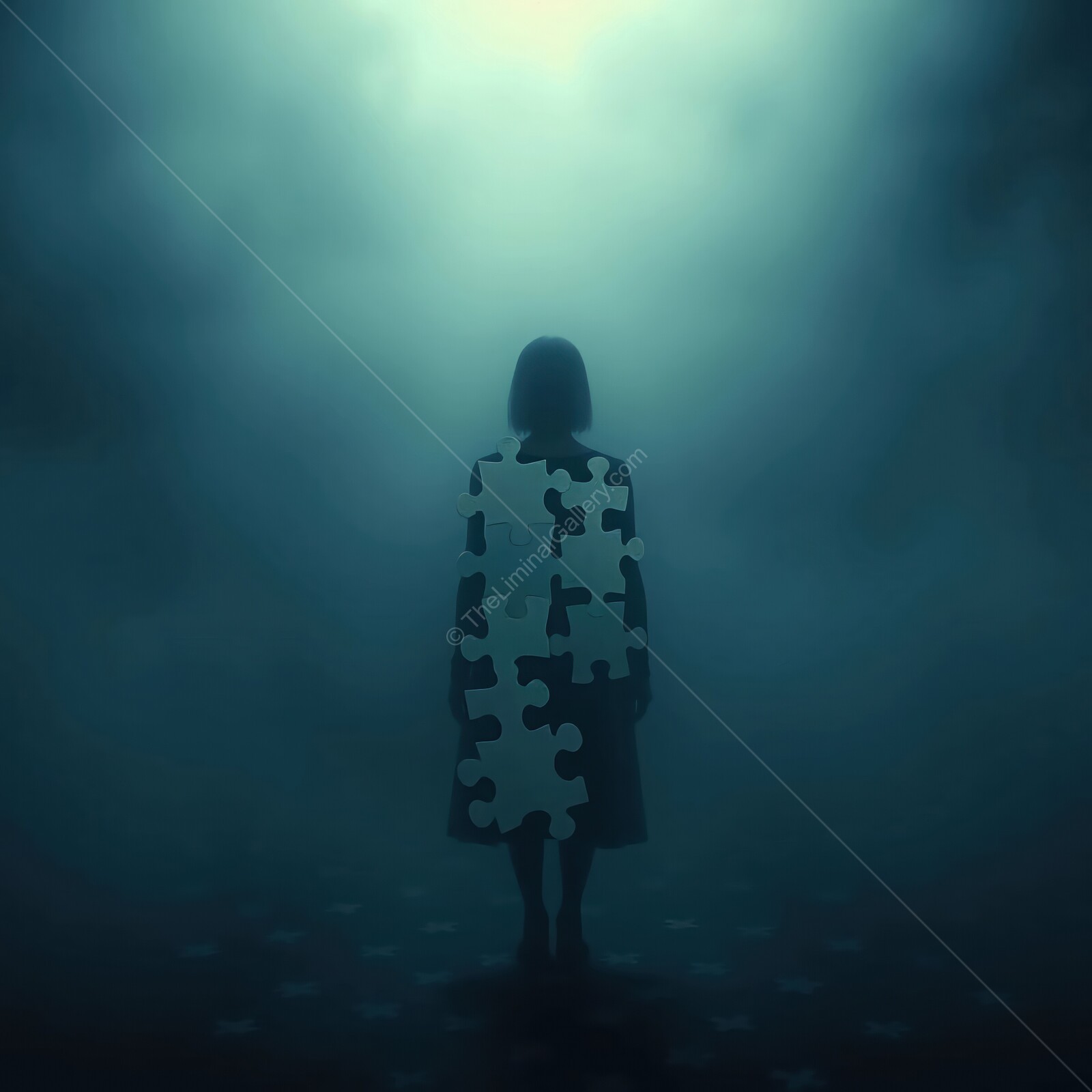 Mysterious figure with a puzzle piece silhouette amidst a foggy landscape at twilight