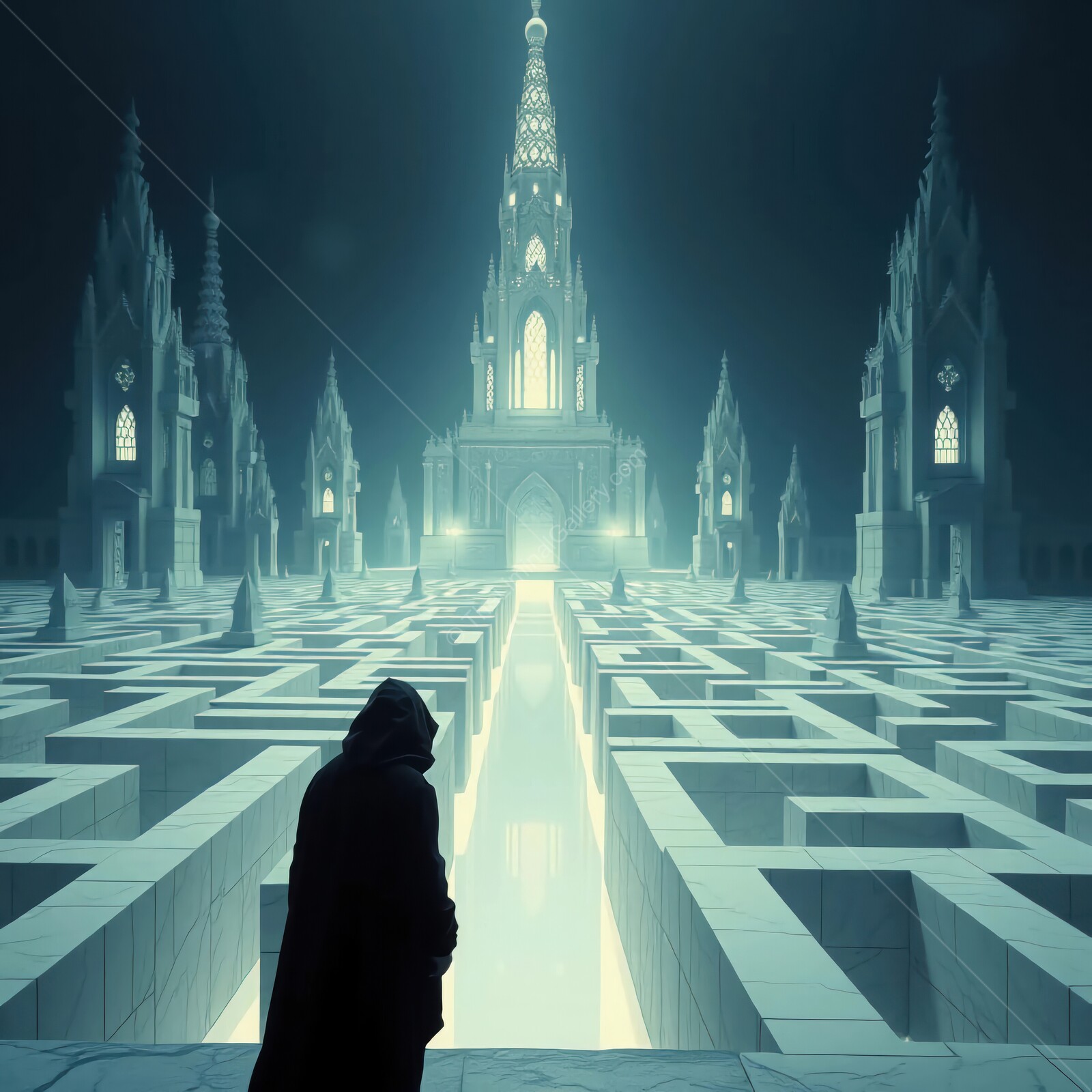 Mysterious figure gazes upon a labyrinthine world beneath a majestic cathedral at twilight