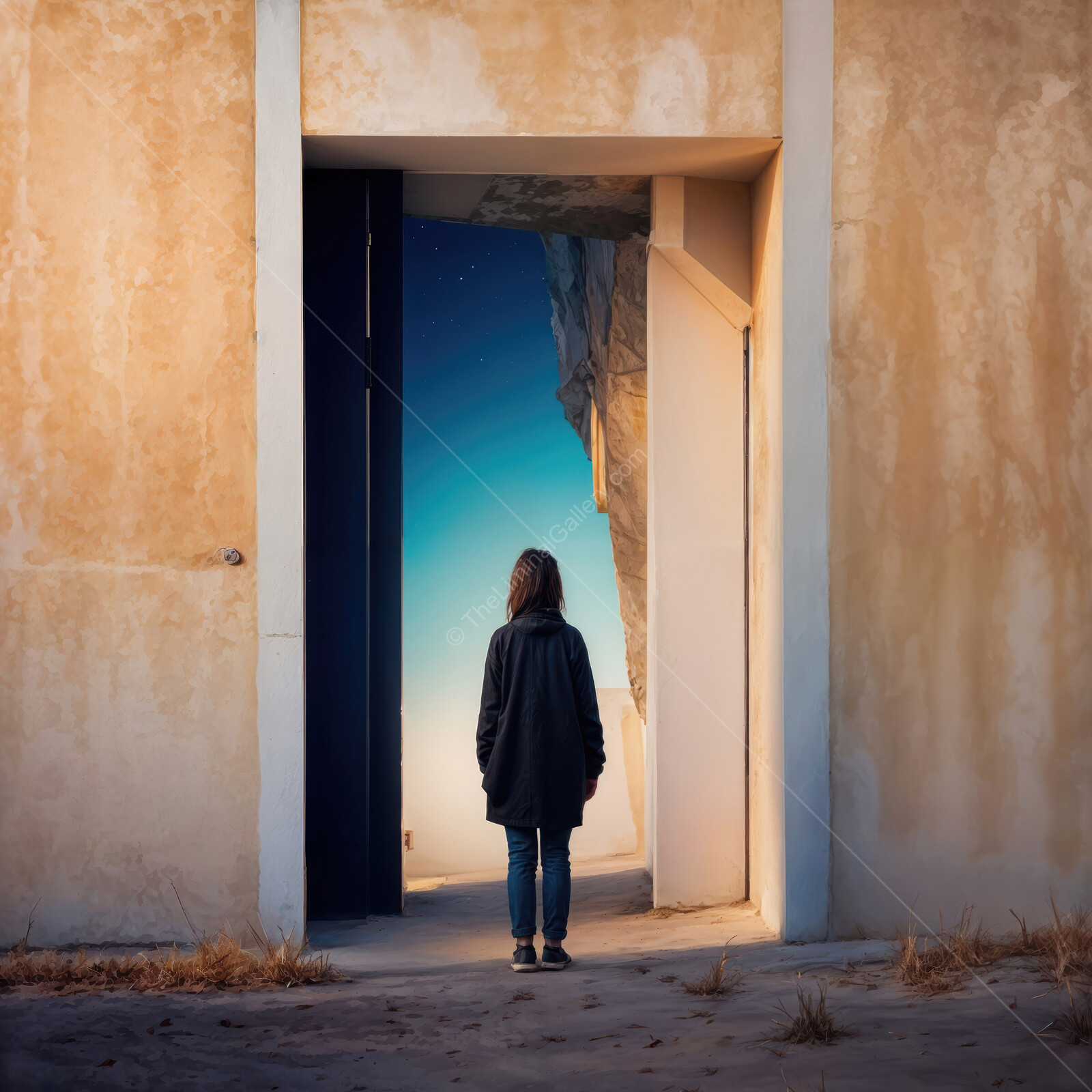 Woman stands before a mysterious open door leading to a surreal starry landscape