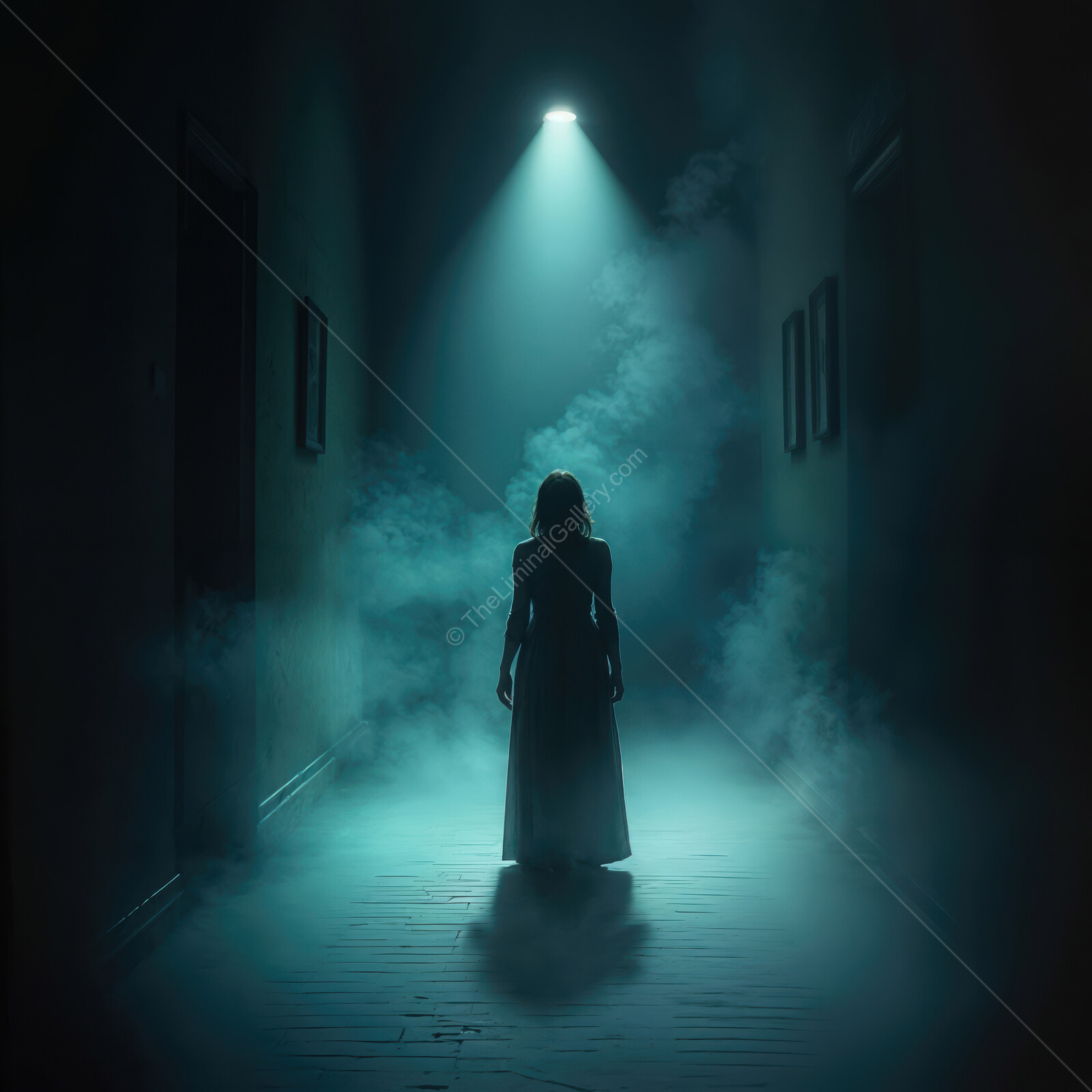 Mysterious silhouette stands in a foggy corridor illuminated by a ghostly light