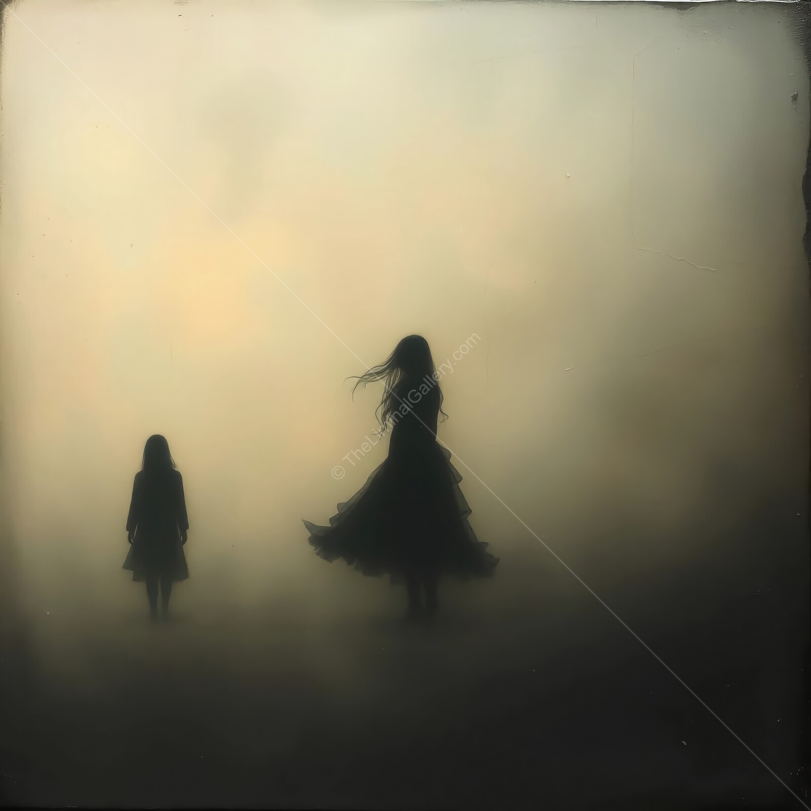Mysterious silhouettes dance in ethereal fog beneath a twilight sky