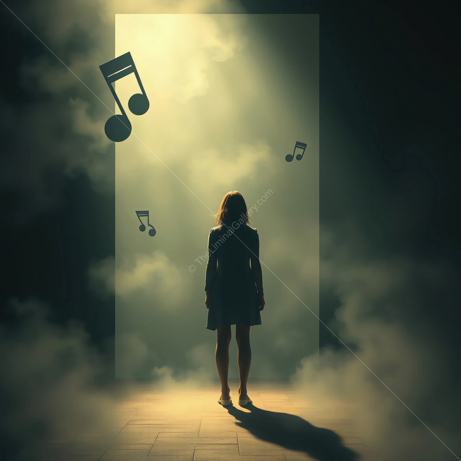 Mystical doorway with musical notes and a solitary figure in a foggy atmosphere