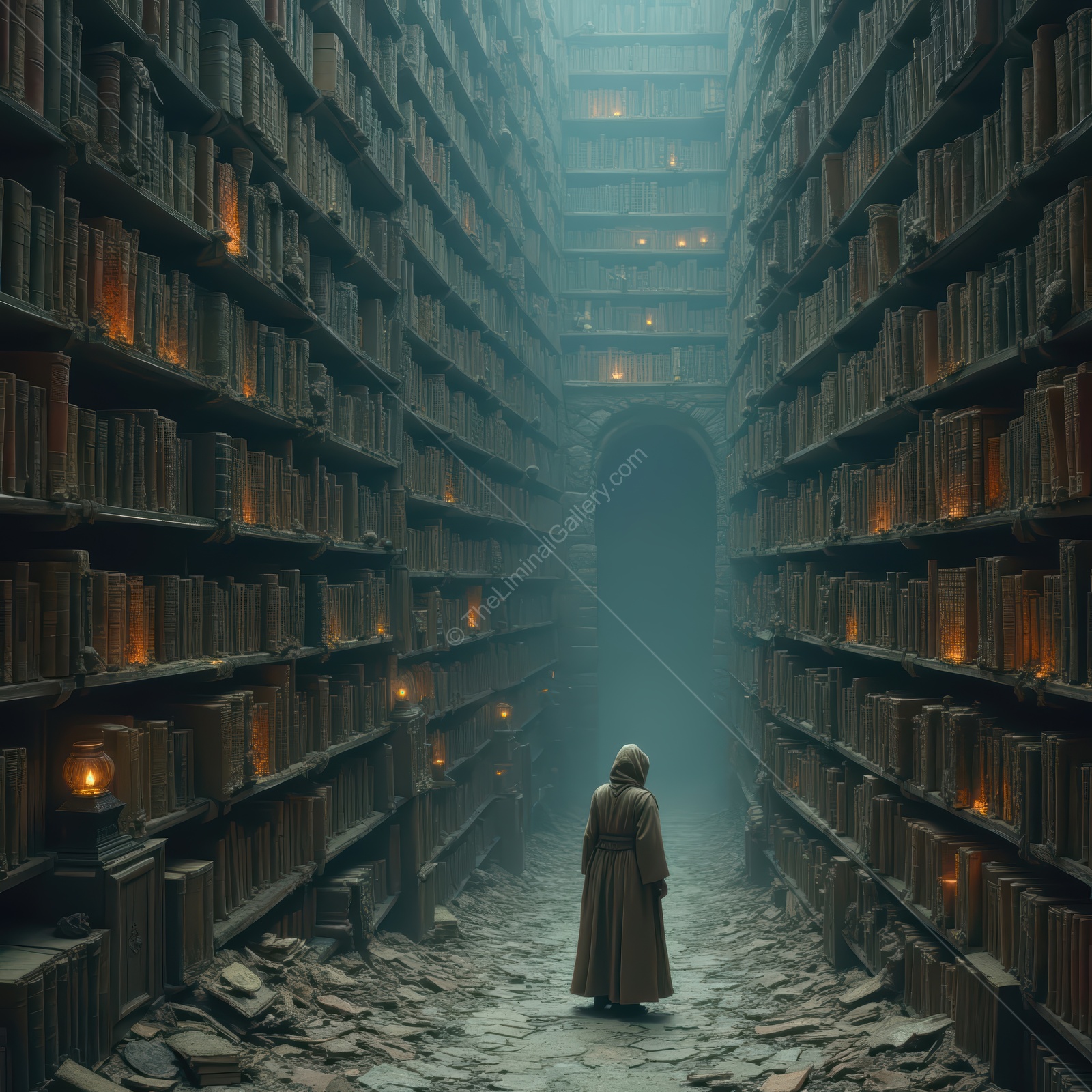 Exploring a vast, mystical library illuminated by soft candlelight in a serene, timeless atmosphere