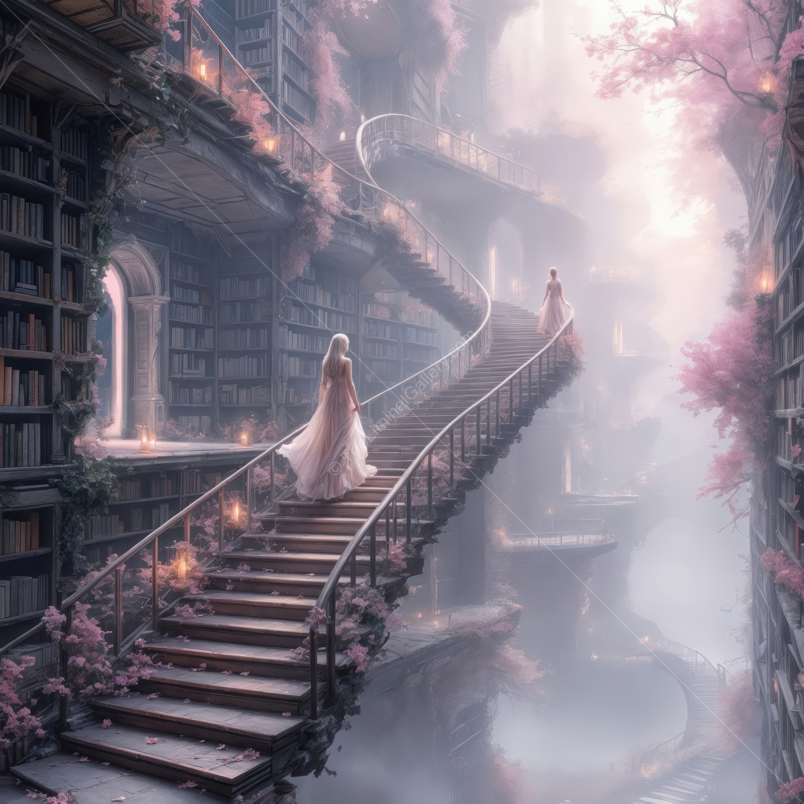 Enchanting scene of two figures on grand staircases in a mystical library filled with flowers and light