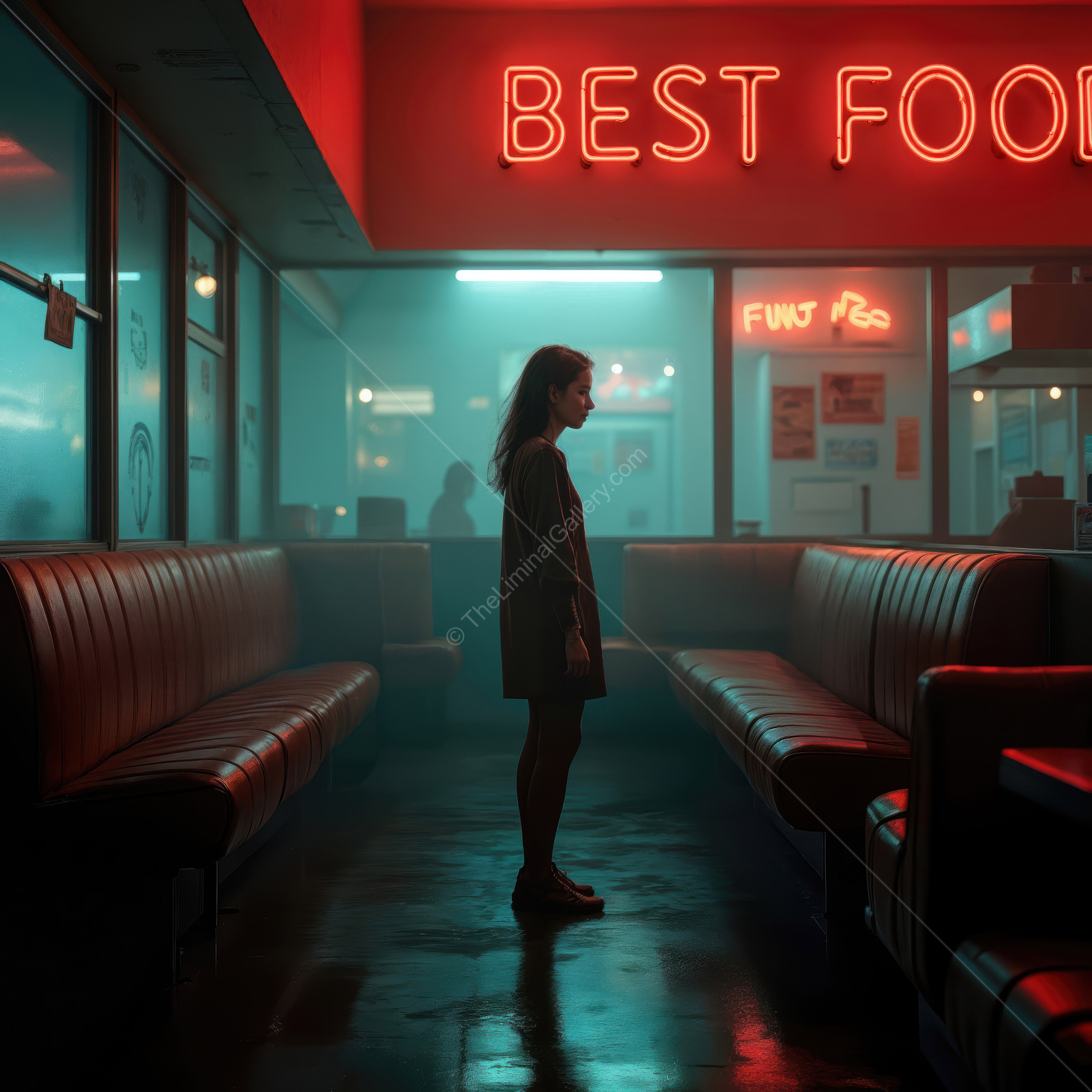 Woman stands in an empty neon-lit diner, booths and glossy floor reflecting saturated signs