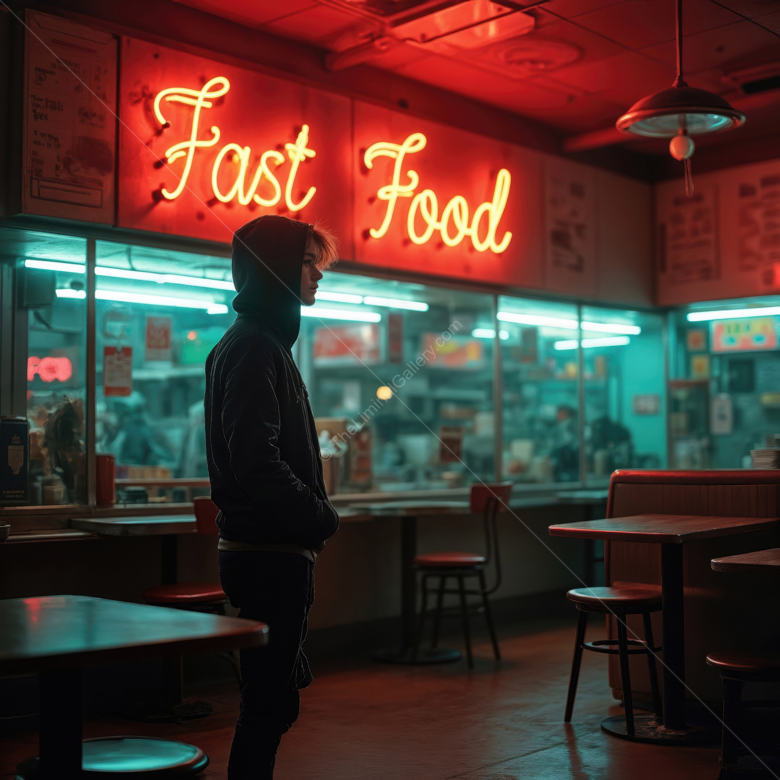 Nighttime ambiance at a vibrant fast food spot with neon lights illuminating the scene