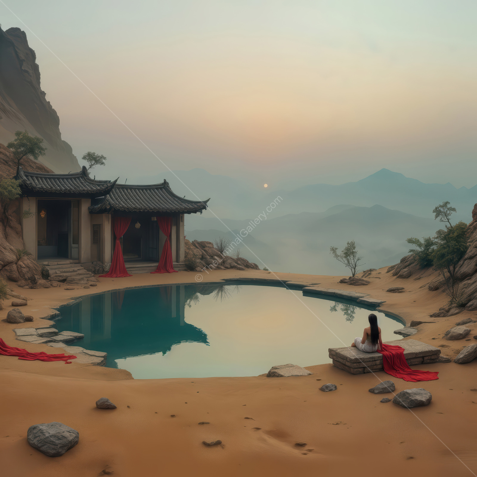 Woman sits at a quiet oasis as sun haze softens red drapes and rock, water mirroring the pale sky