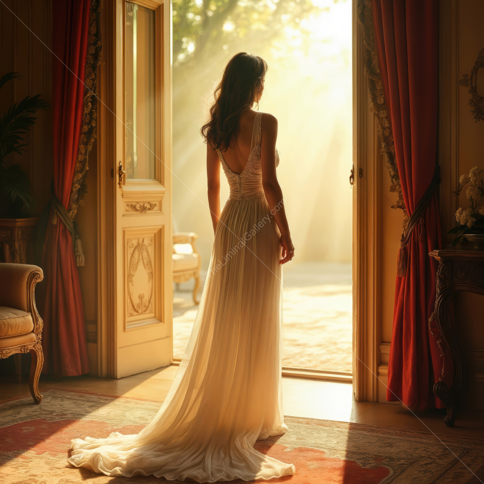 Woman by an open door turns toward golden sunbeams, fine fabric glowing inside an ornate room
