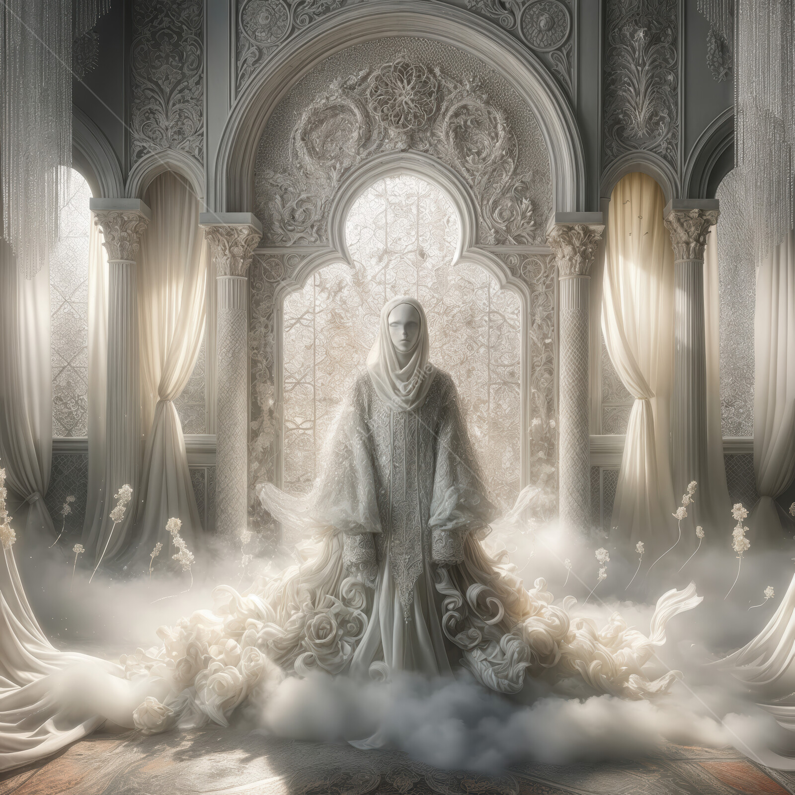 Mystical figure stands in an ethereal space adorned with intricate architecture and billowing fabrics