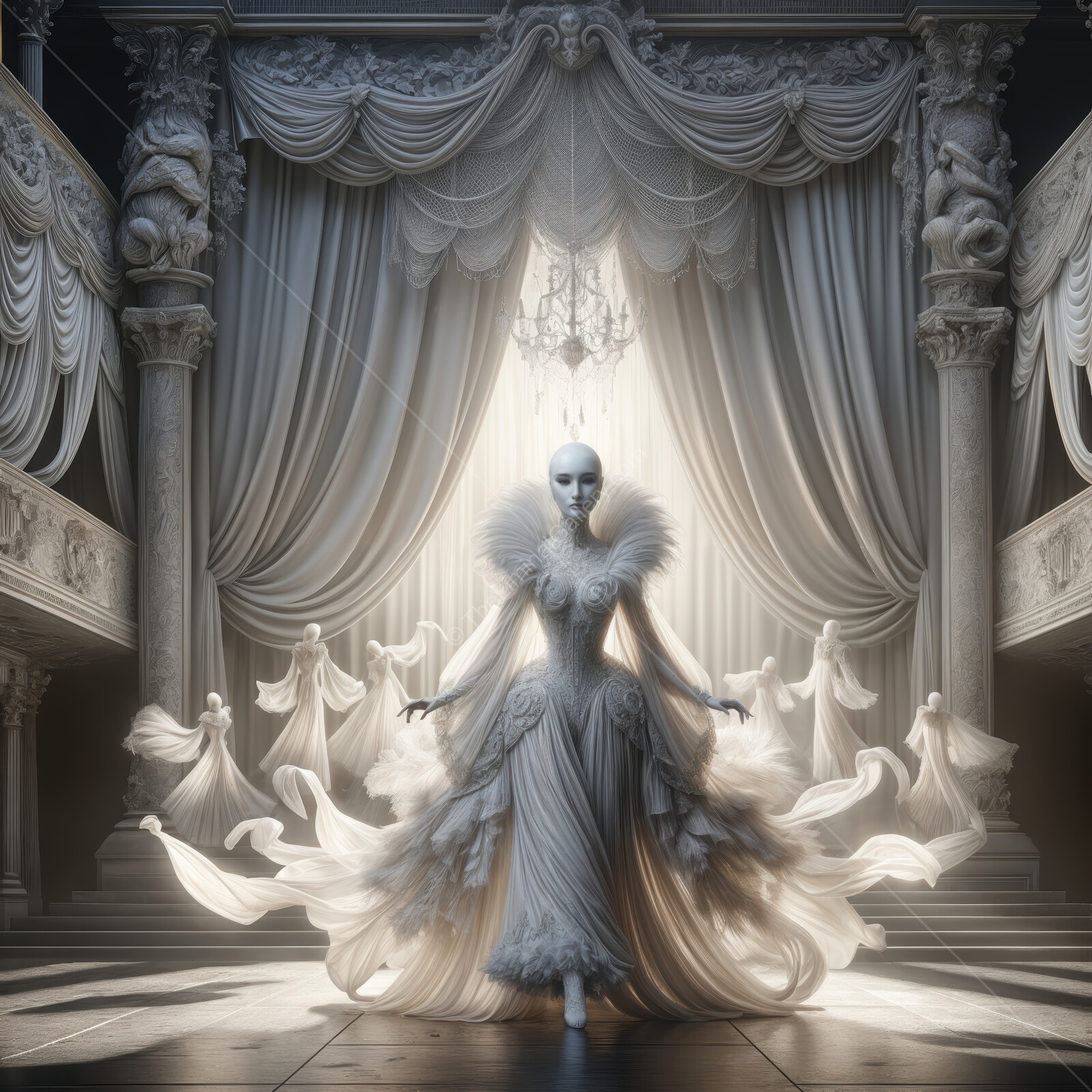Woman in a flowing gown stands in an ornate hall as gauzy figures drift behind in chandelier light