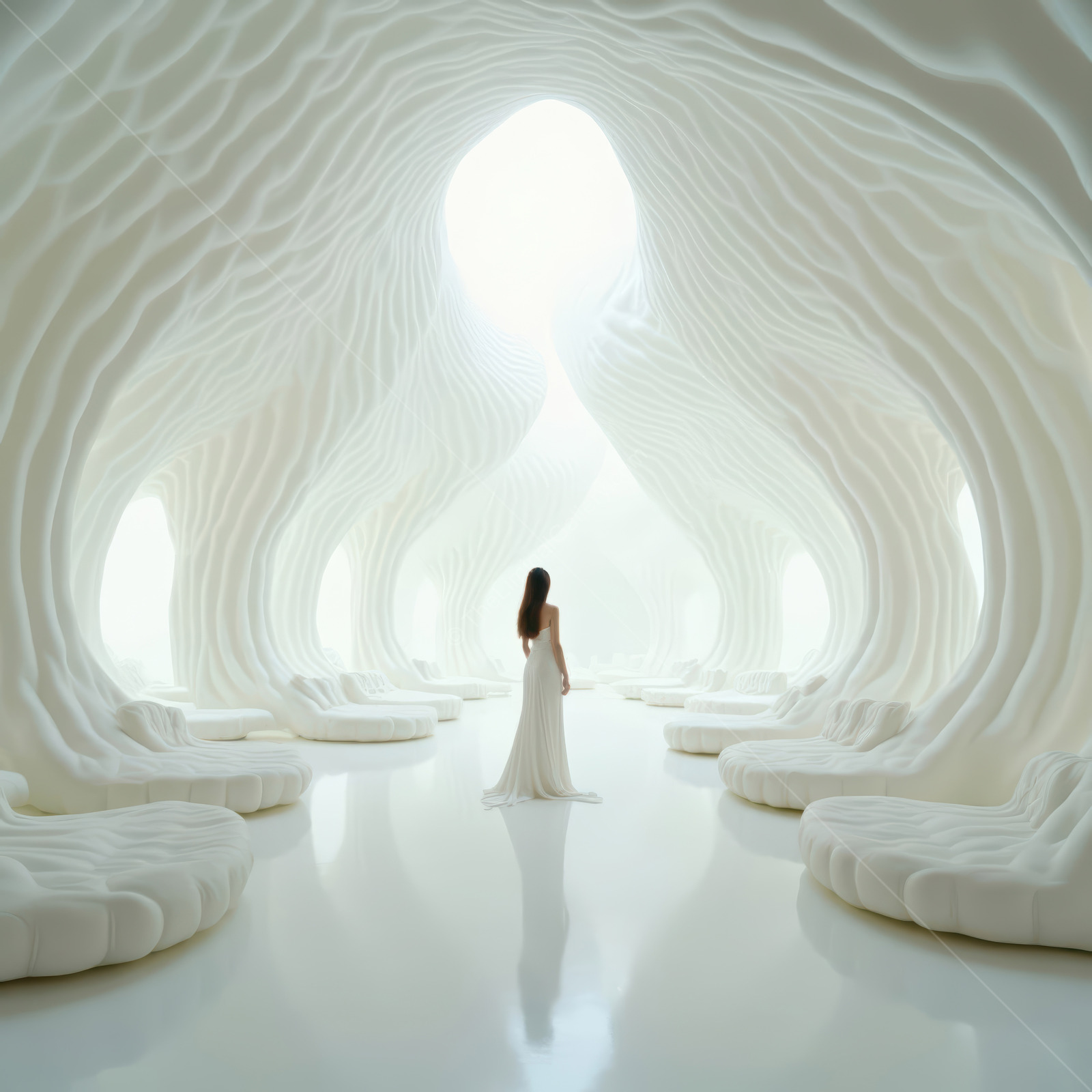 Woman in a white dress explores a pale cavern of smooth organic walls lit by ambient dawn