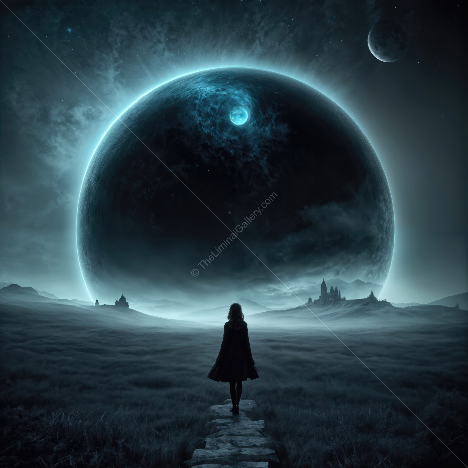 Exploring a cosmic landscape at twilight with a distant world looming in the sky