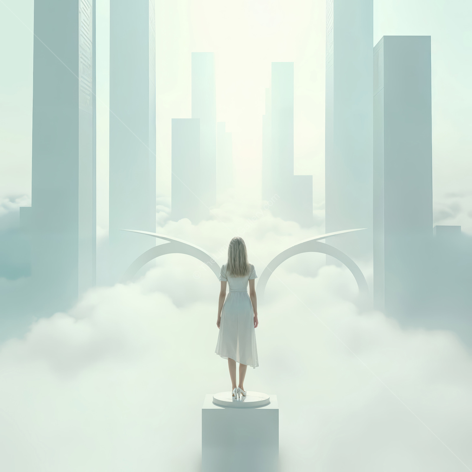 Woman on a pedestal looks over towers rising from bright clouds as early light washes the scene