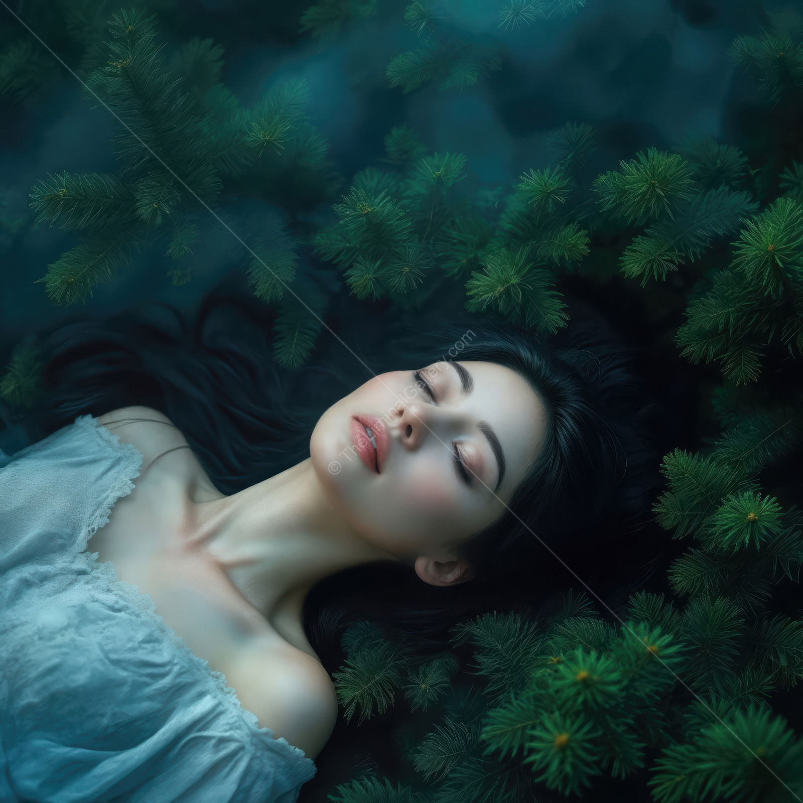 Woman lies among pine boughs as soft light sifts through, dark hair blending into the green