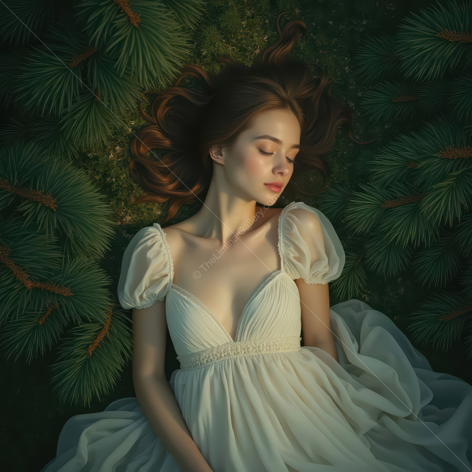 Woman in a white dress lies on pine needles at dusk with hair spread wide as soft side light warms her cheek