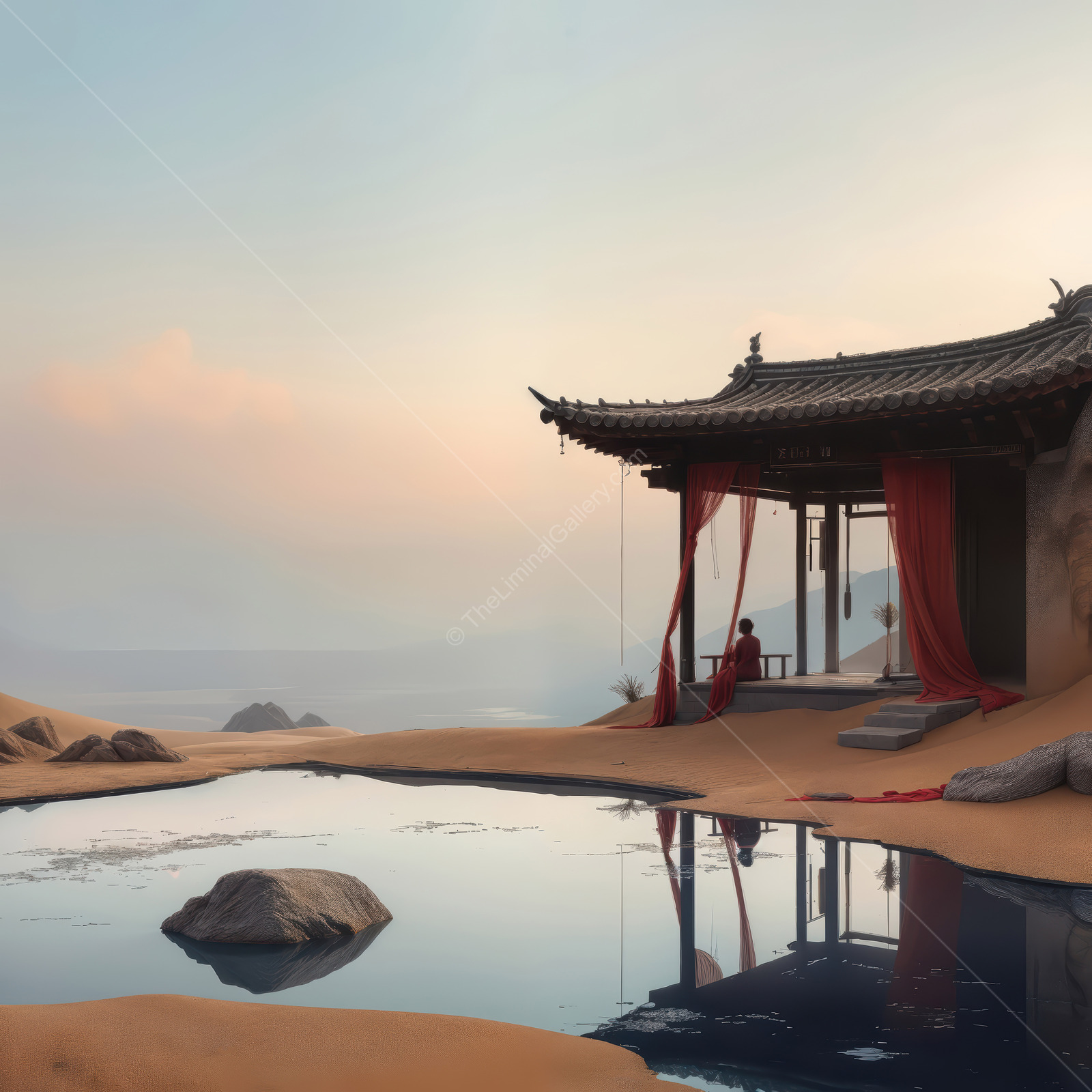 Woman rests beside a small pond at dusk, gauze curtains on a pavilion stirring as pastel sky reflects in the water