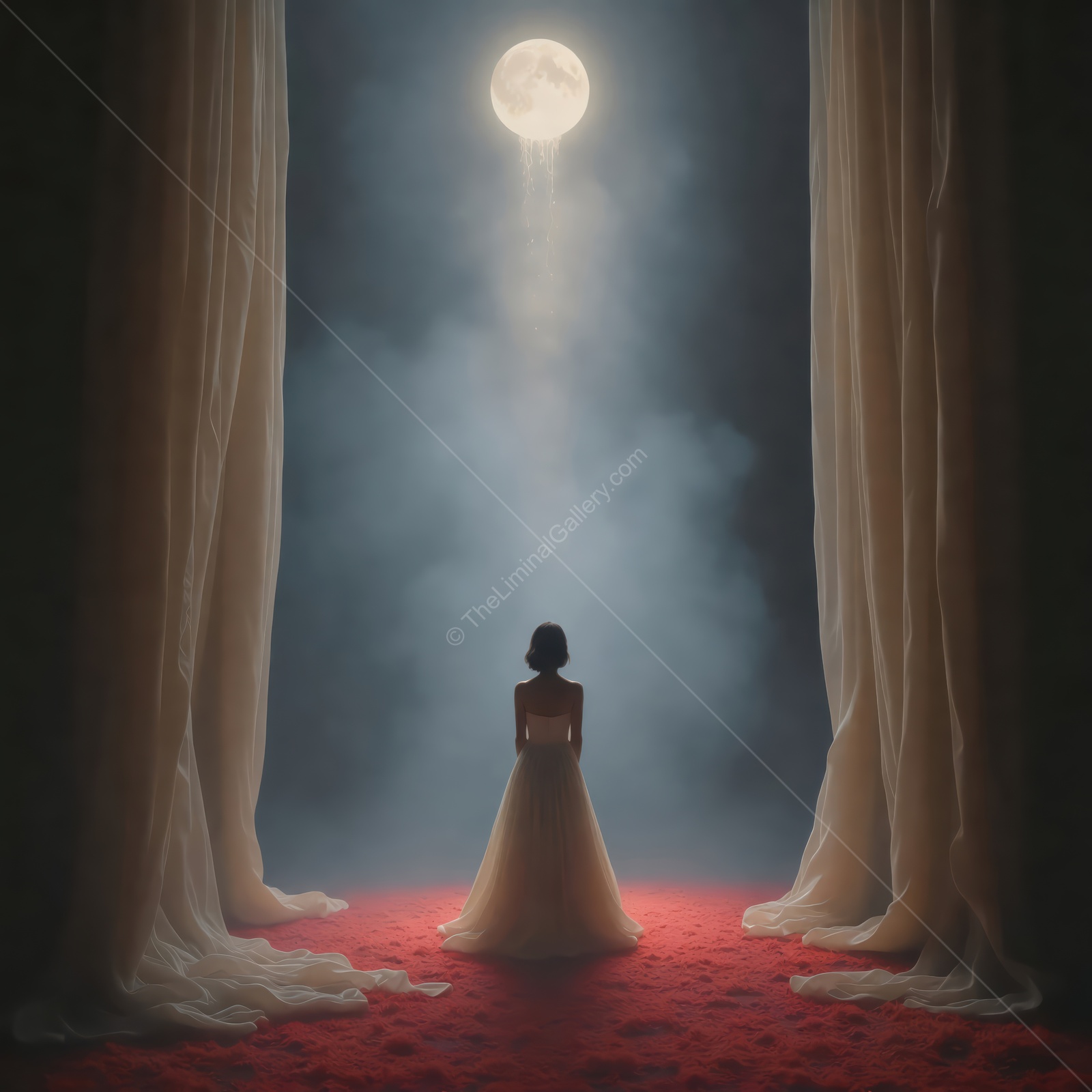 Woman sits on red carpet beneath sheer curtains as moonlight falls like a circle onto the stage