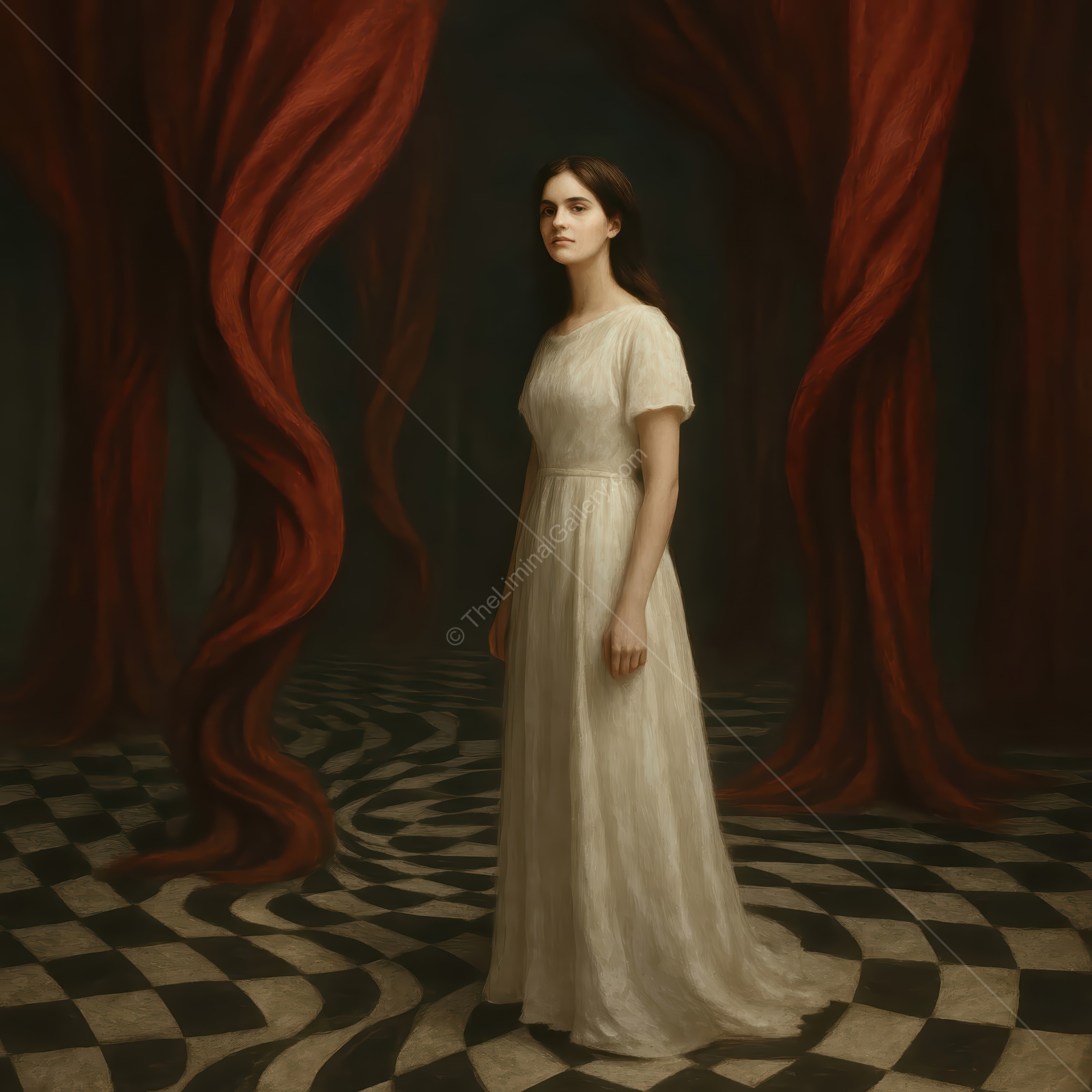 A young woman stands gracefully in a surreal setting with red curtains and a twisted checkerboard floor