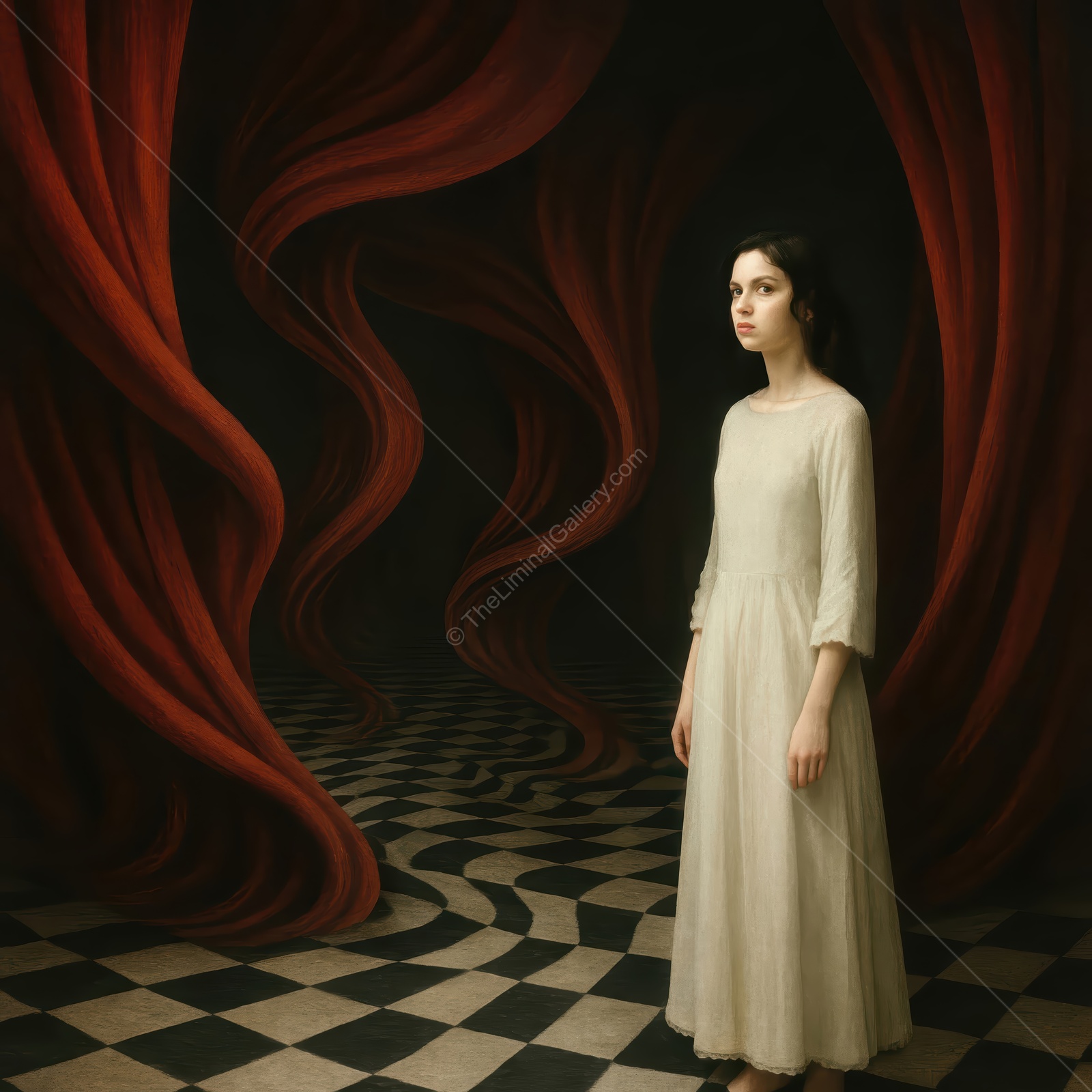 Woman in a simple white dress stands before curling red curtains on a stark checkered floor