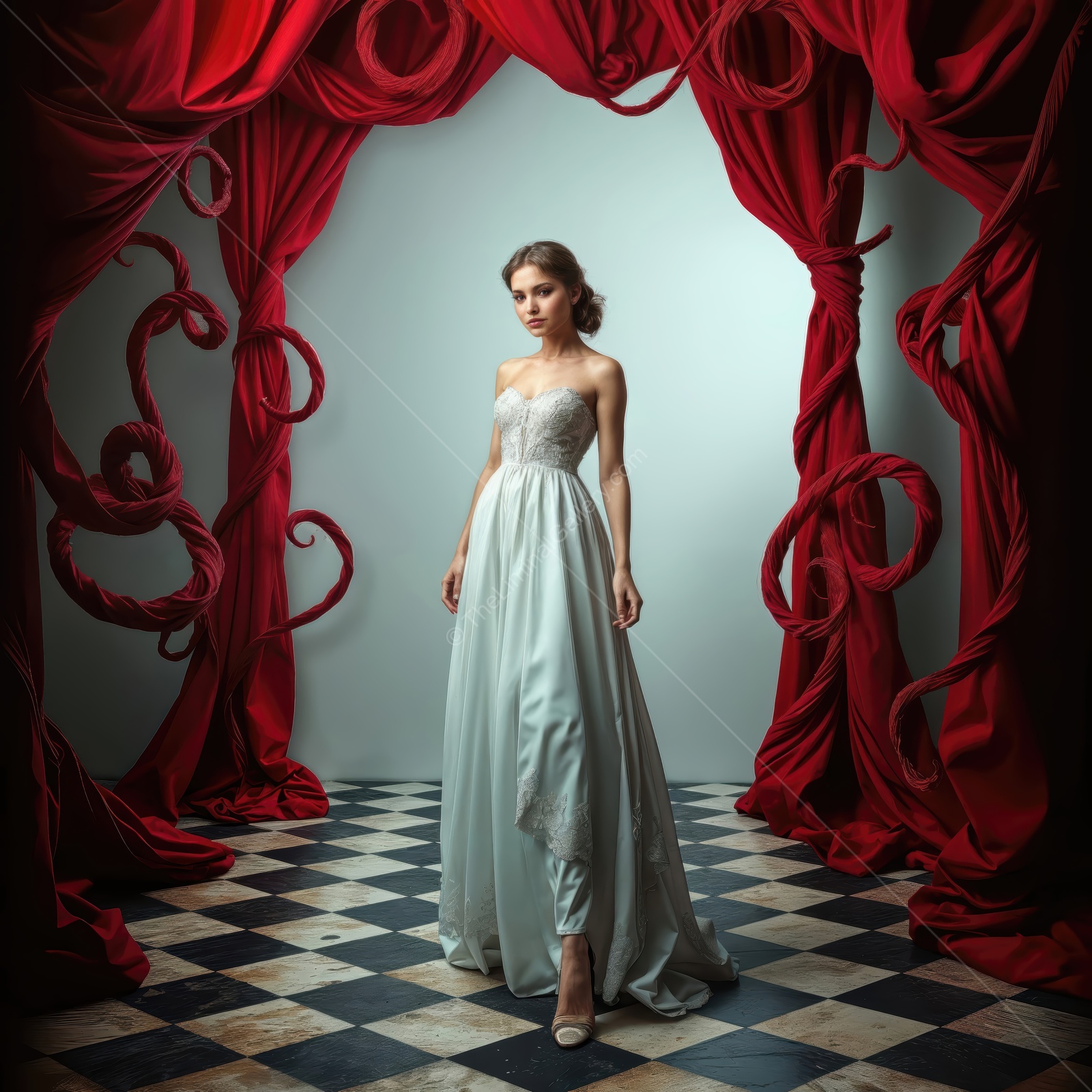 Woman stands before sweeping red drapery on a black-and-white floor, gown and light sculpting her pose