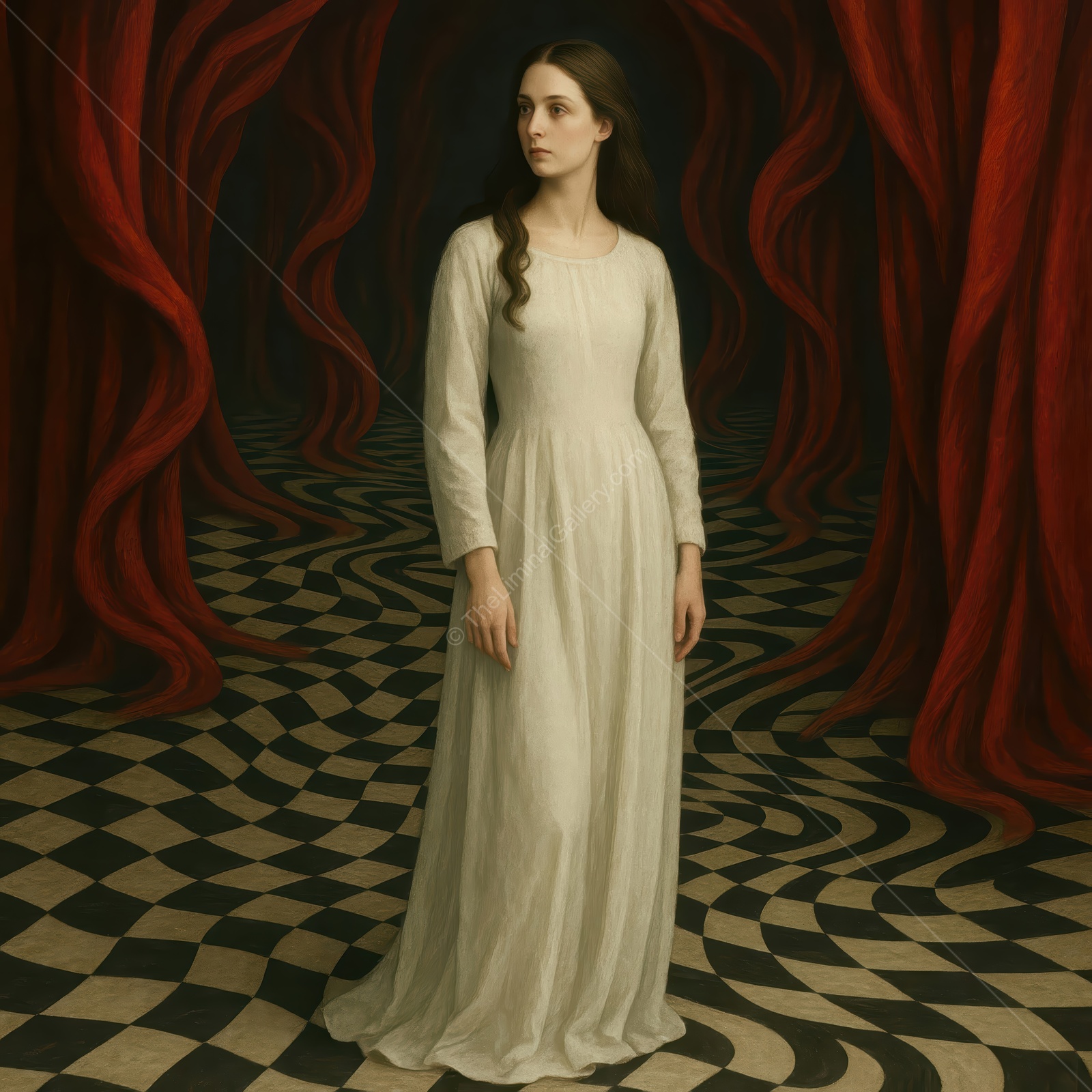 Woman in white stands amid rich red drapery as a twisted checkered floor warps beneath her