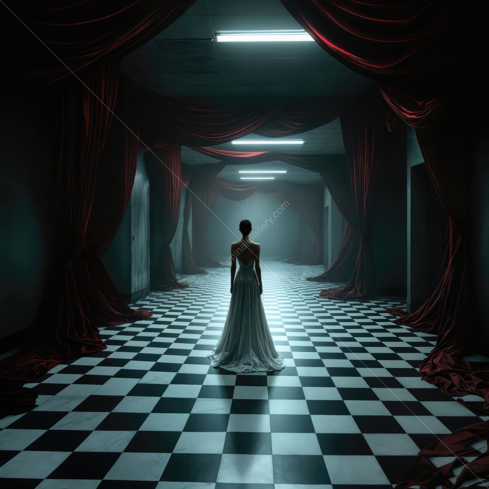 Woman in a flowing gown stands in a foggy hallway of red drapes and checkered tiles at twilight