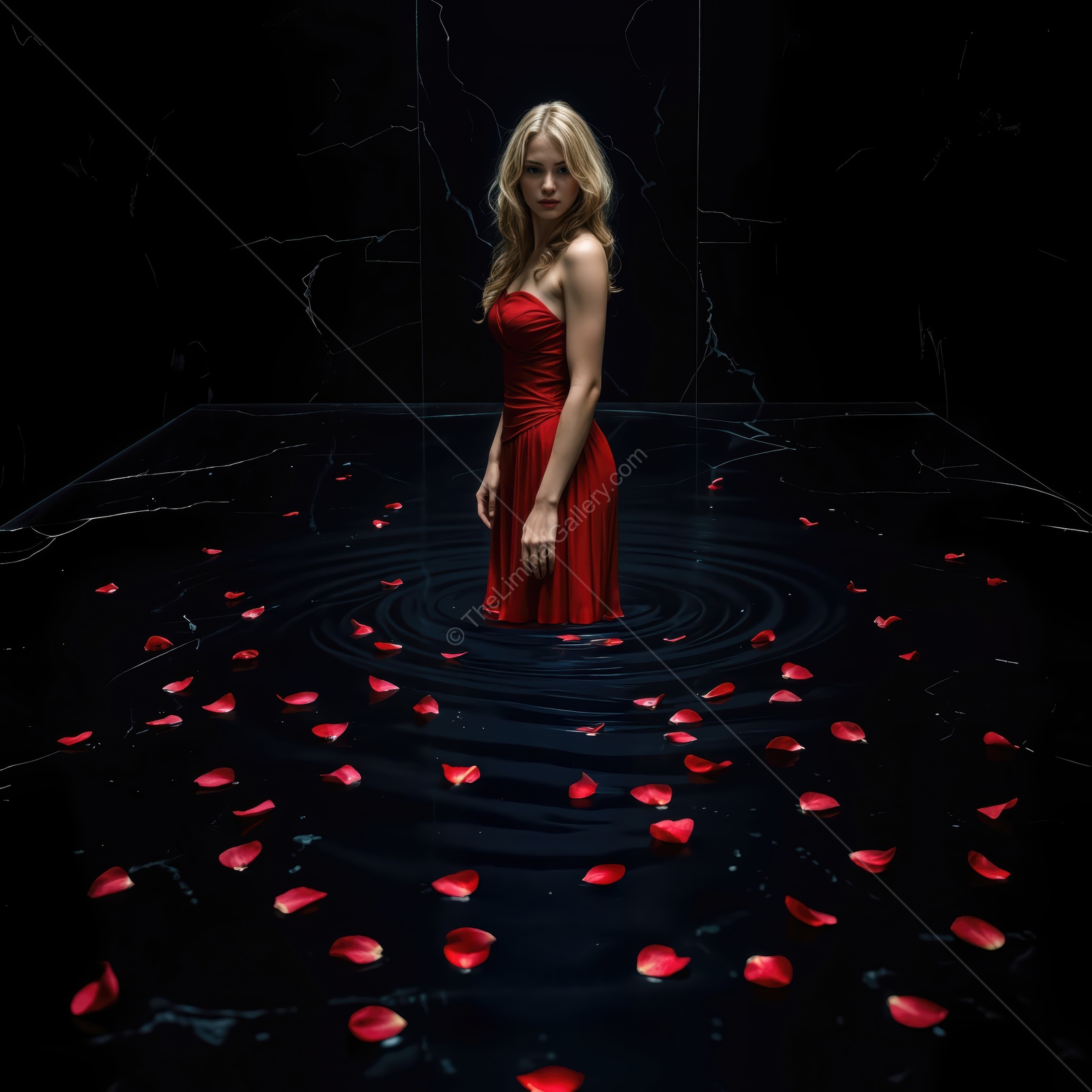 Woman in a red dress stands in a dark reflective pool strewn with rose petals, quiet light on her face