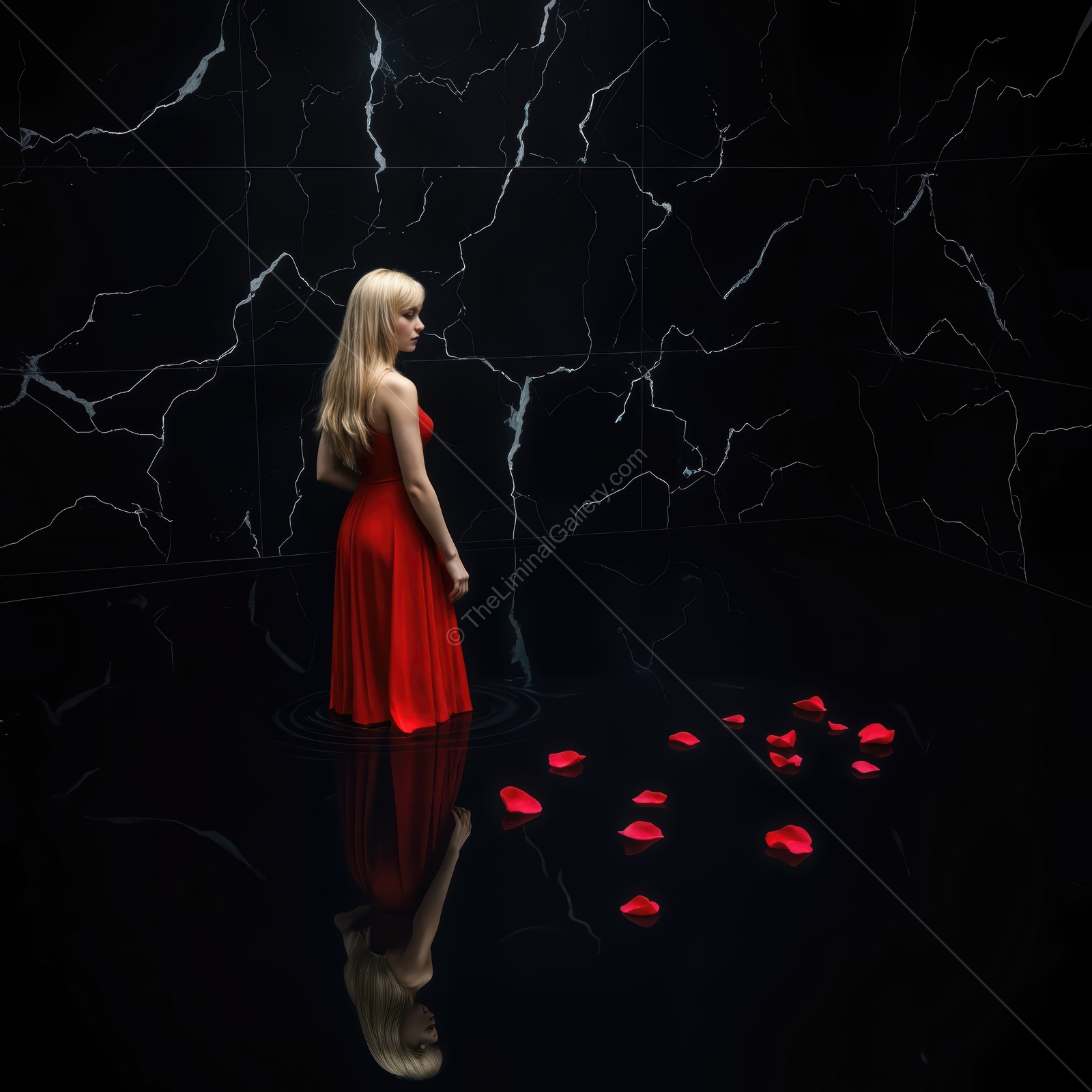 Woman in a red dress stands in dim water as rose petals drift, reflections doubling her outline