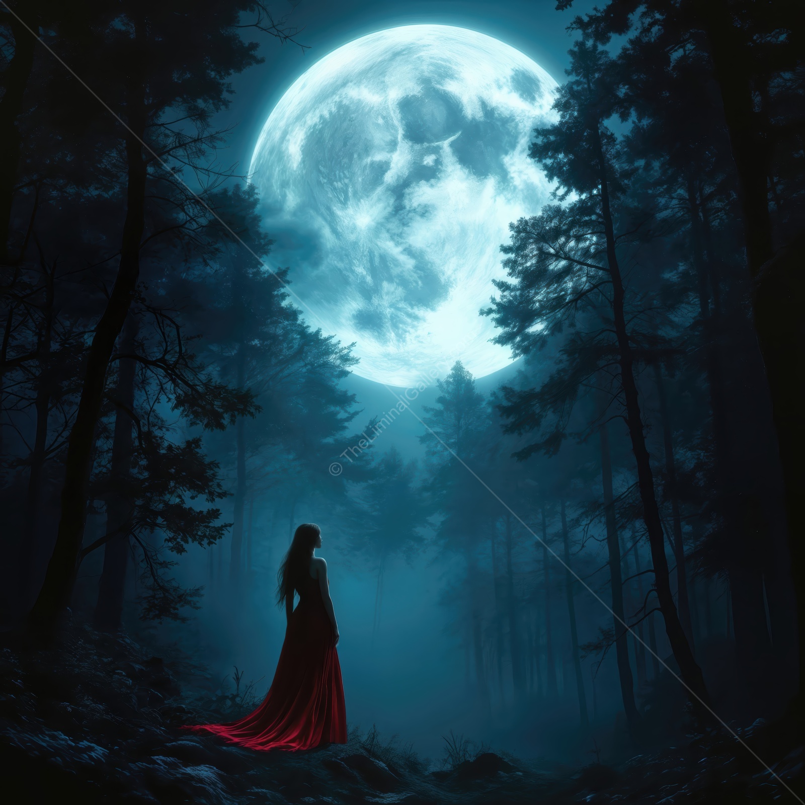 Woman in a red dress faces a bright full moon among tall trees, pale light washing her