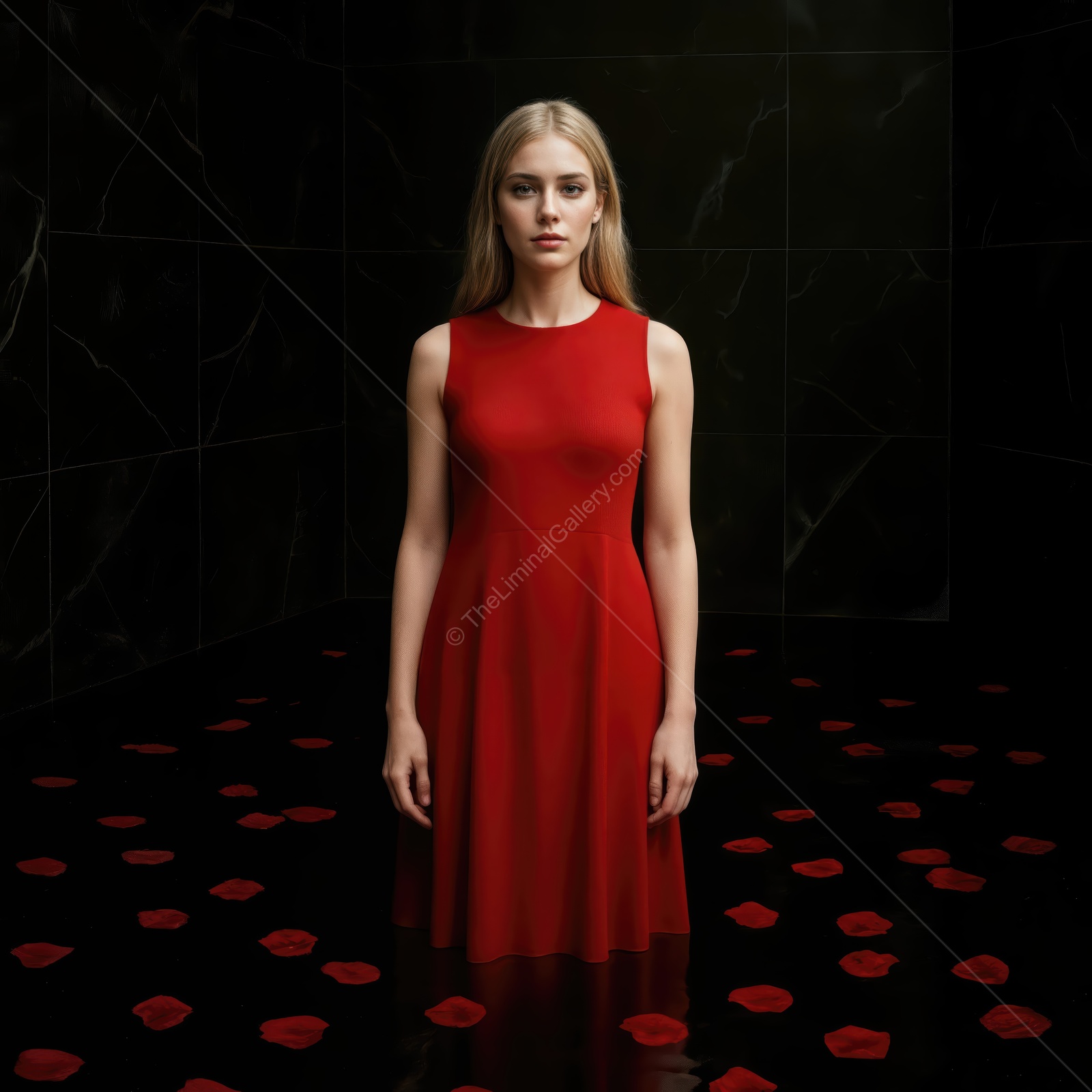 Woman in a sweeping red dress stands on glossy black floor strewn with petals, light carving clean lines