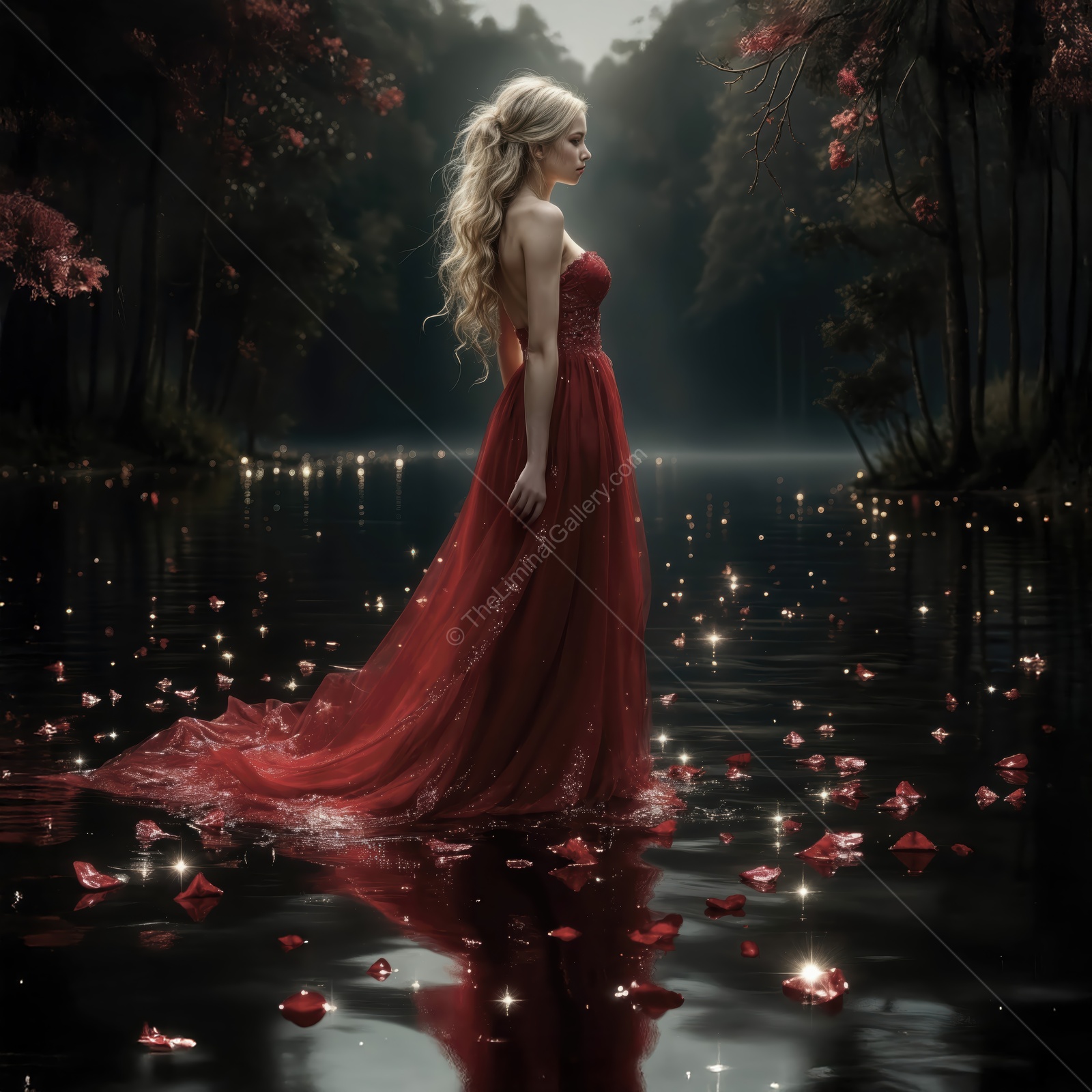 Woman in a red dress stands calf-deep in a lake at night, floating petals and pin lights ring the water