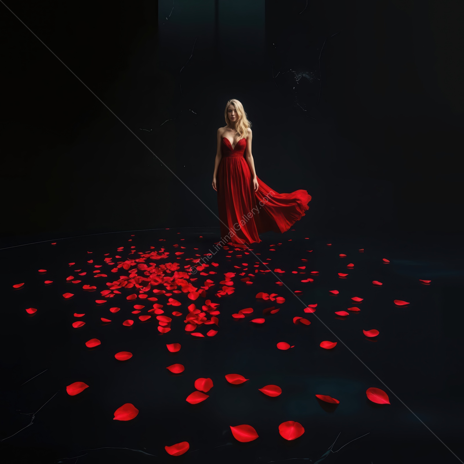 Woman in a flowing red dress turns as rose petals scatter across a dark floor