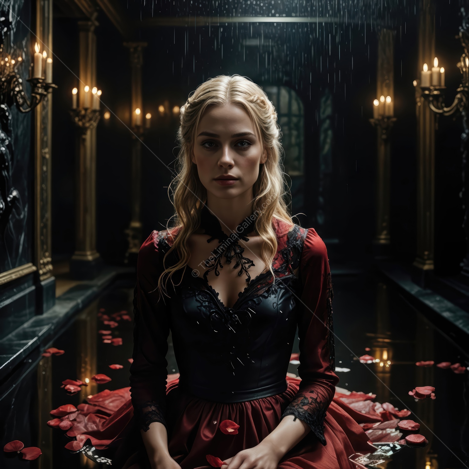 Woman in a red gown sits amid candles and rose petals in a dim chamber as fine rain streaks behind