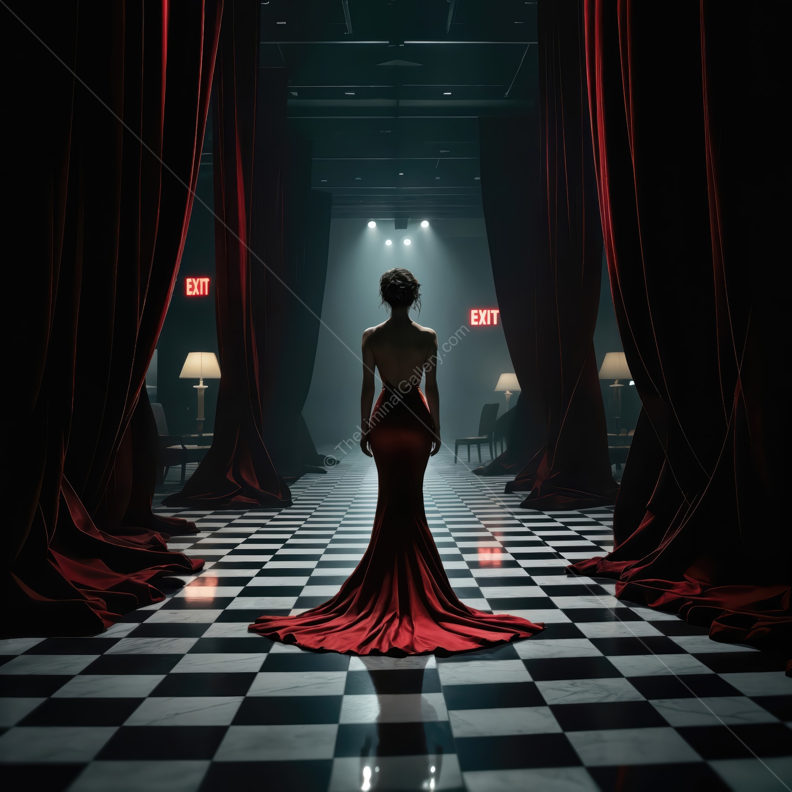 Elegant figure in a red gown stands before exit signs in a dramatic, dimly lit space with a checkered floor and soft lighting