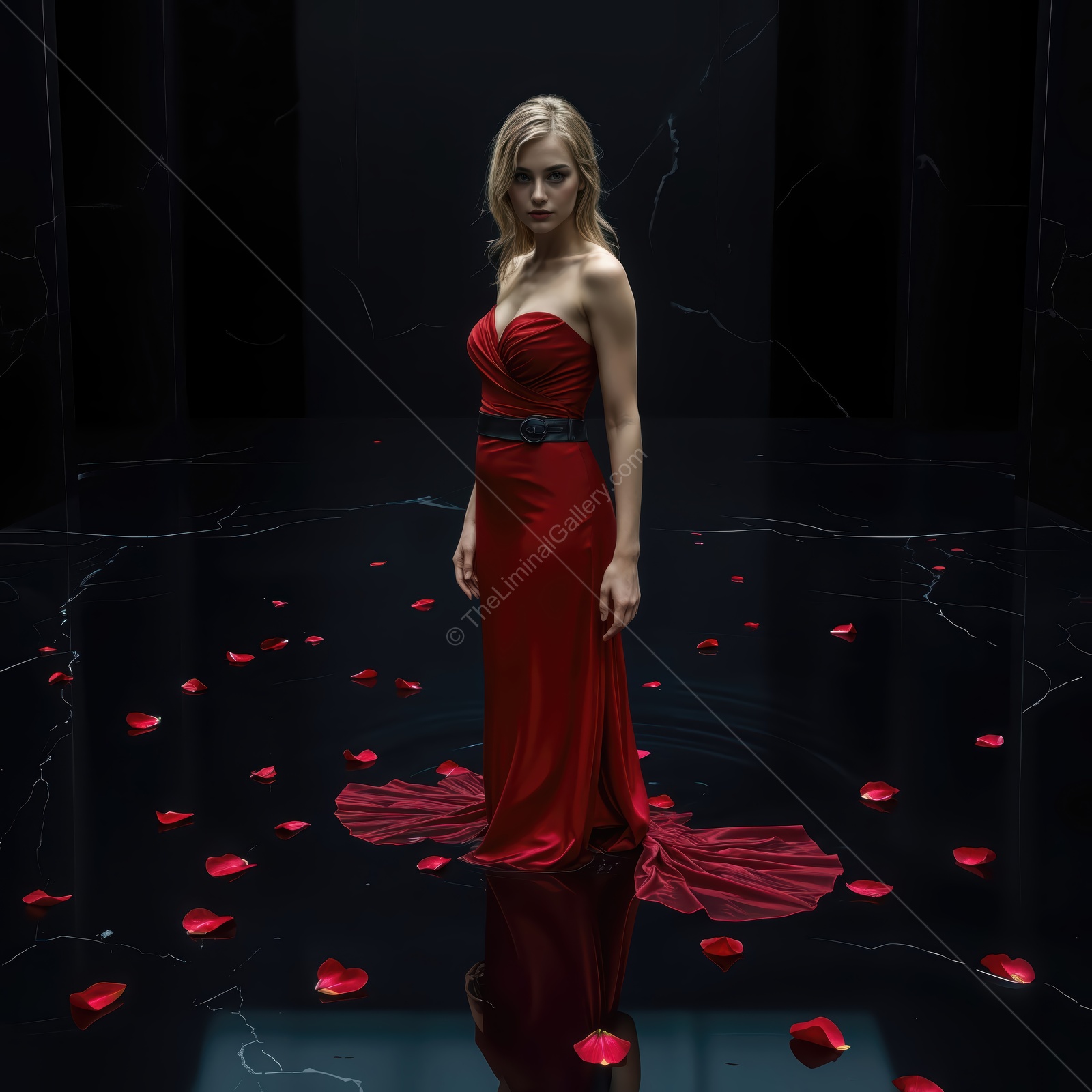 Woman in an elegant red gown stands over glossy black floor with scattered petals and deep reflections