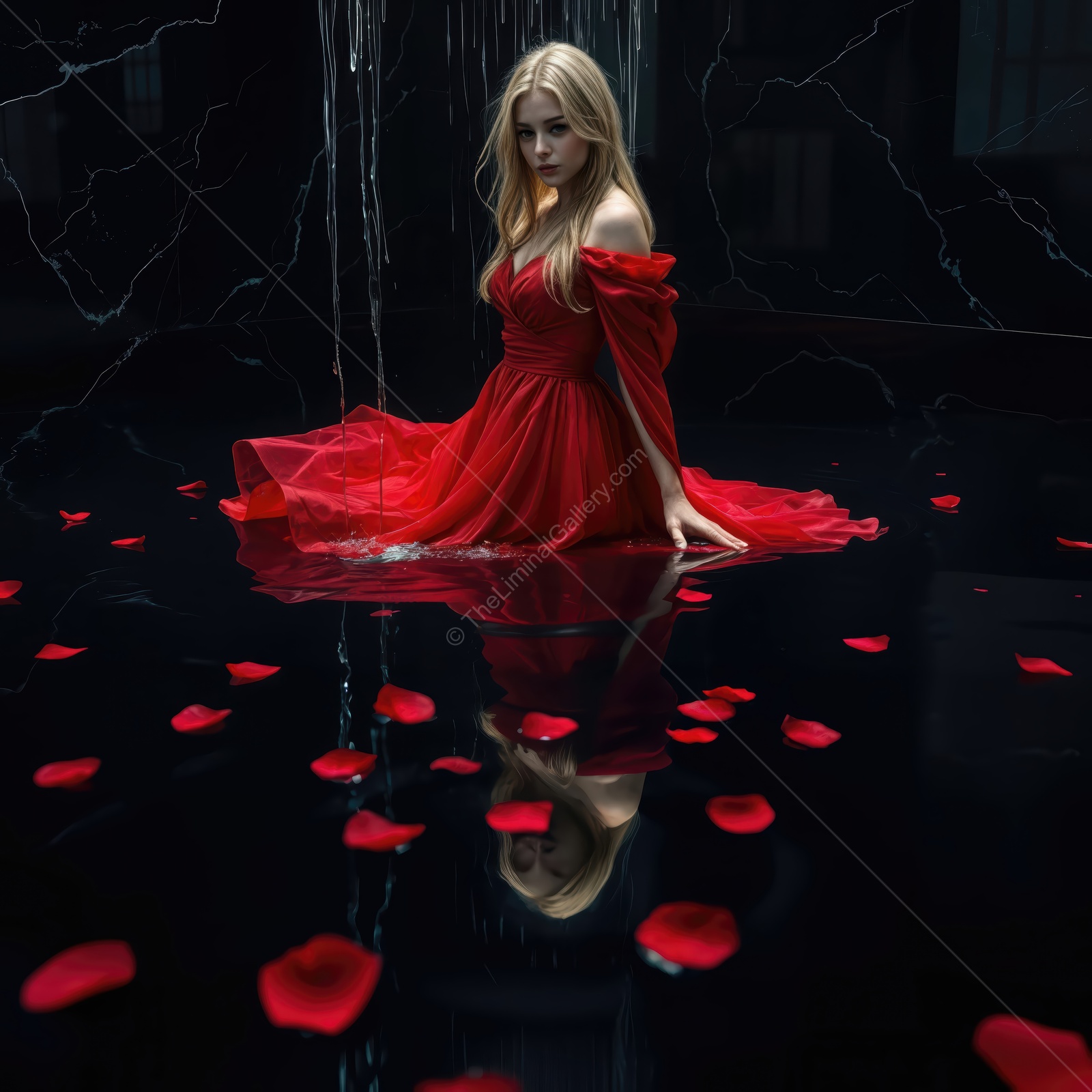 Woman in a red gown sits in shallow reflective water with rose petals and gauzy falls behind