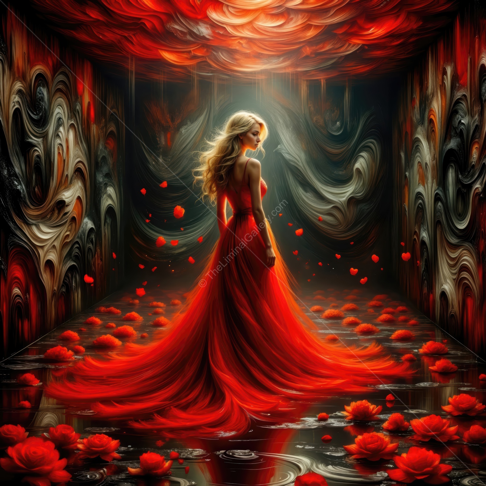Woman in a red gown faces a ceiling of roses while soft petals and glossy reflections swirl around