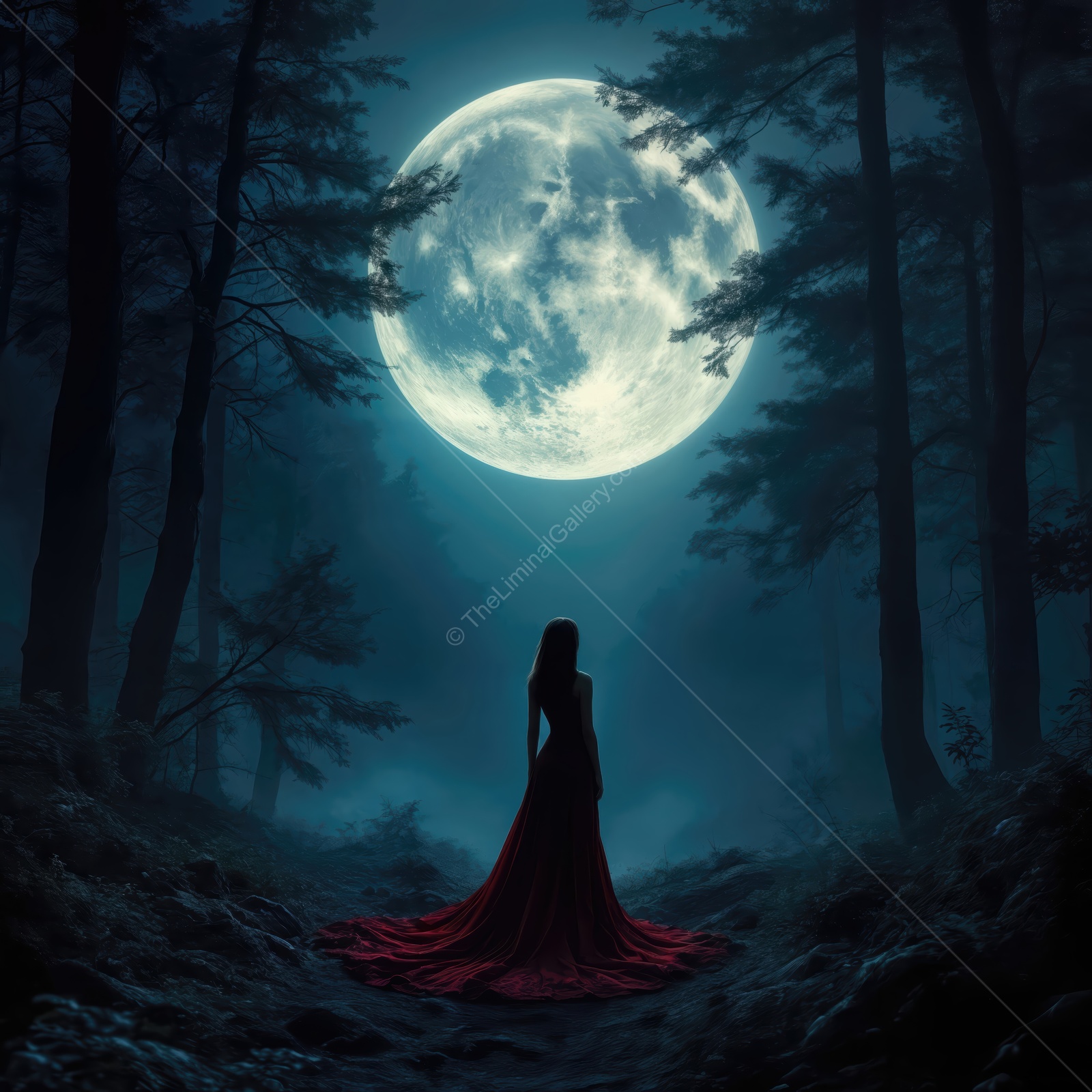 Woman in red stands among trees under a high moon, silver light threading the leaves