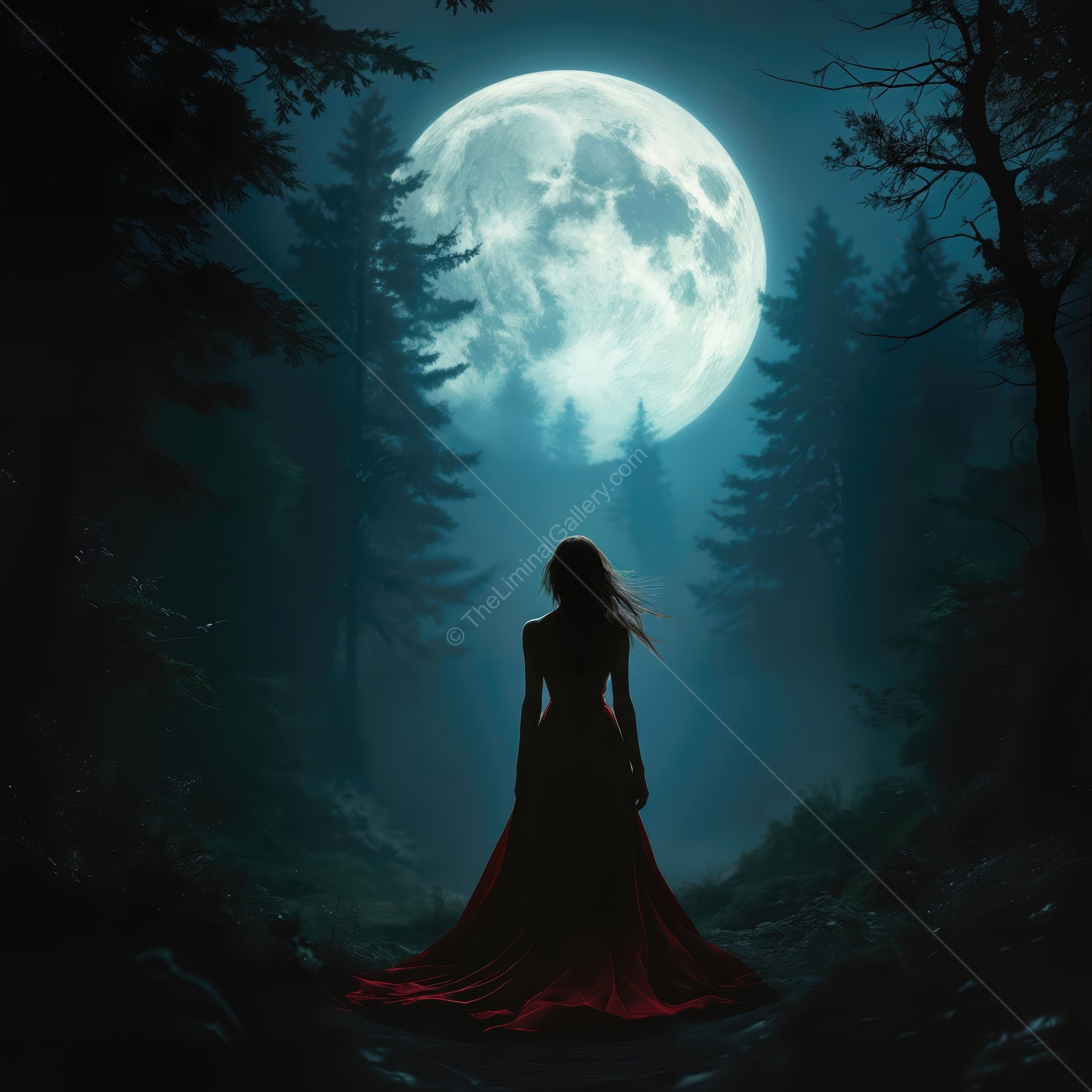 Woman in a red gown stands beneath the full moon, tall trunks and shifting shadow framing her