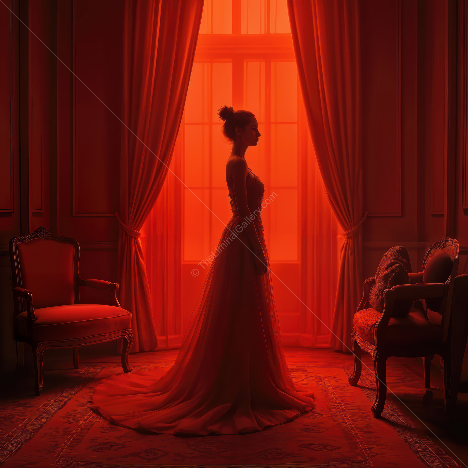 Woman�s silhouette in a room washed red, large windows framing her gown as evening glow settles