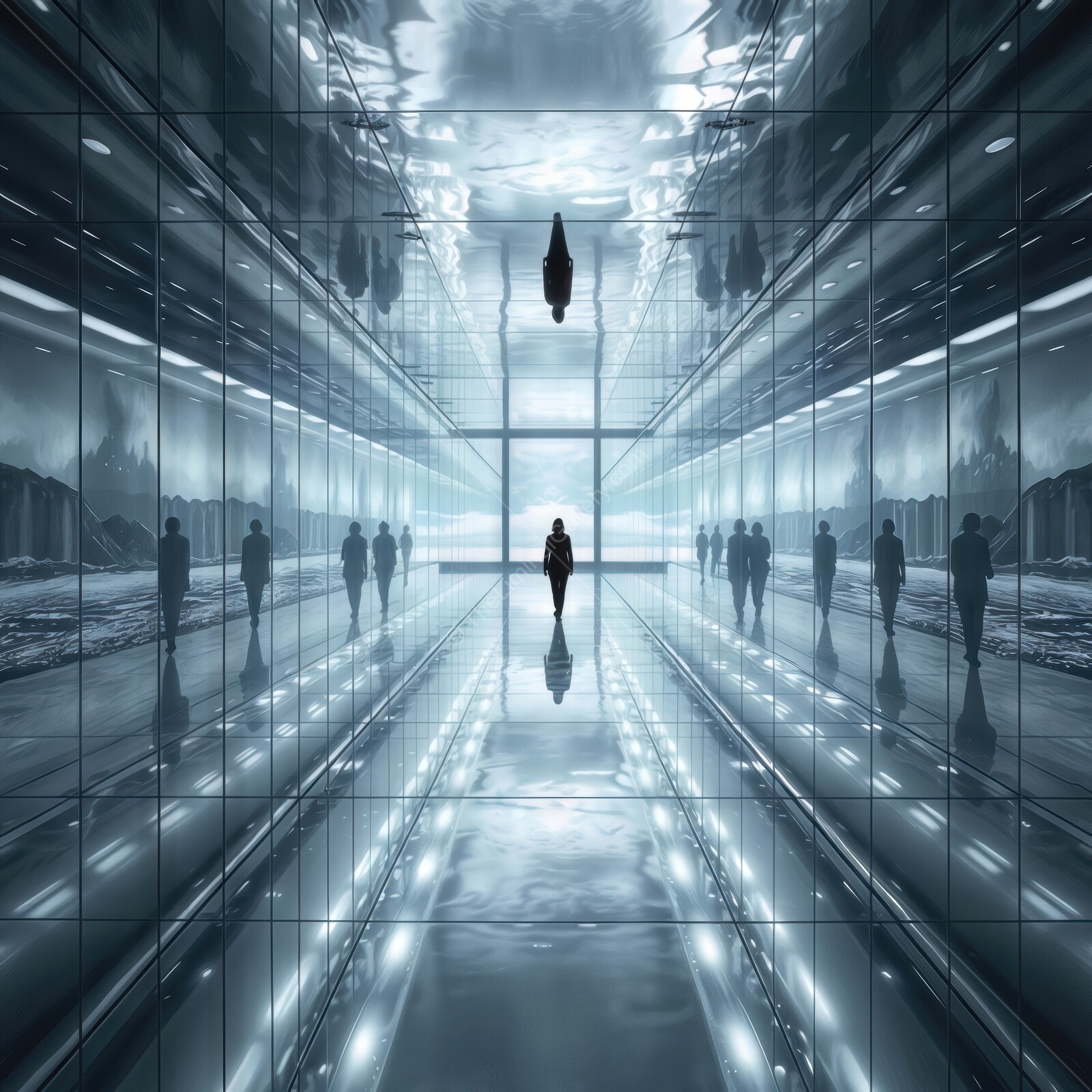 Reflective corridor with mysterious figures in a futuristic setting during twilight hours