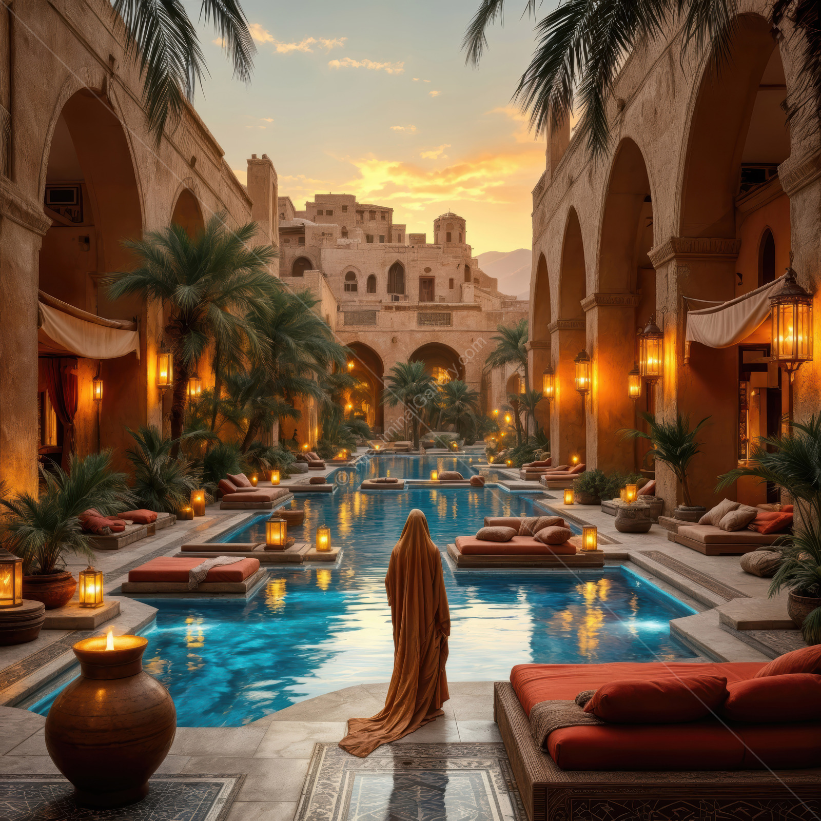 Woman in a flowing robe stands by a resort pool at sunset, lanterns and palms mirrored on still water