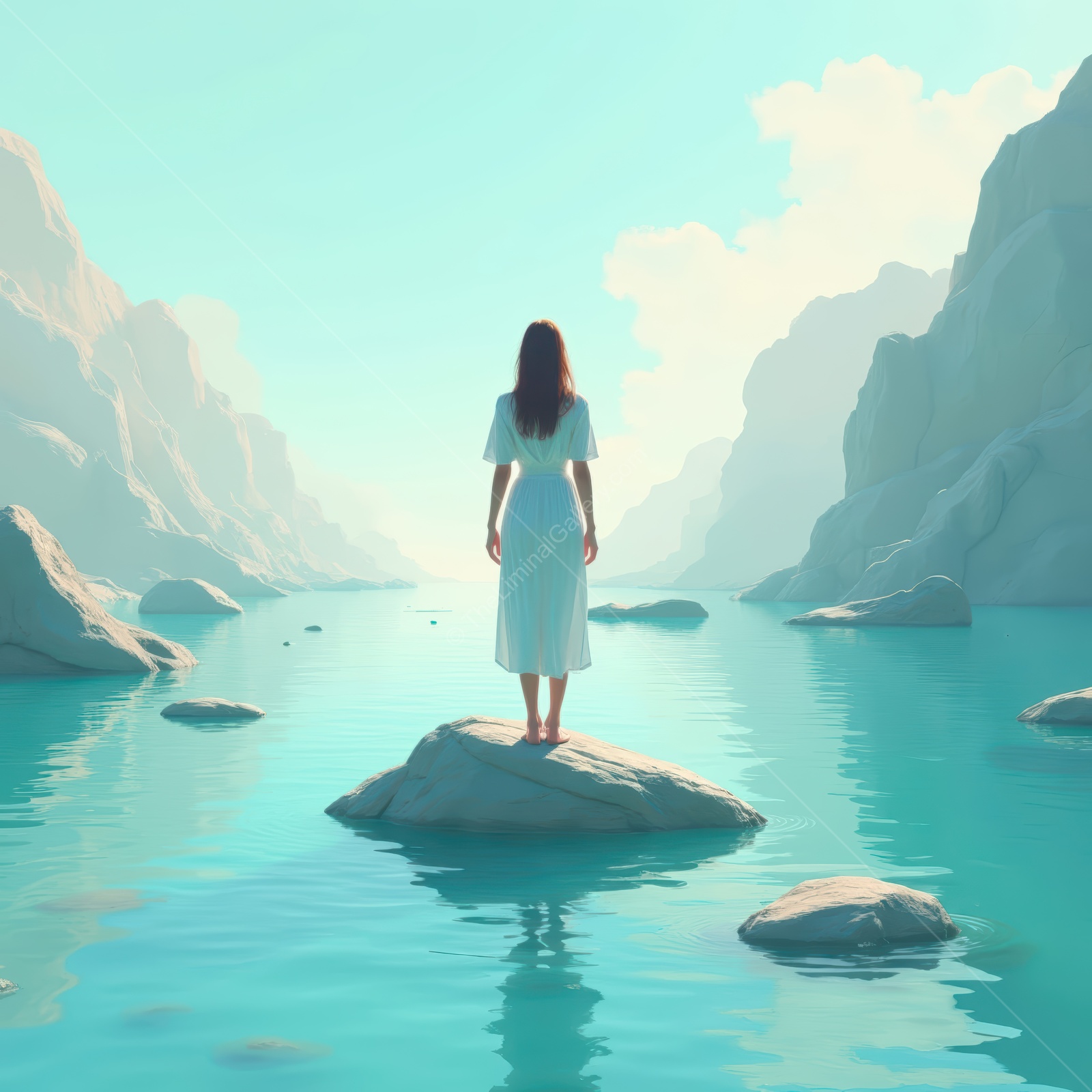 Woman in a white dress stands on a rock in turquoise water, misted mountains layering behind