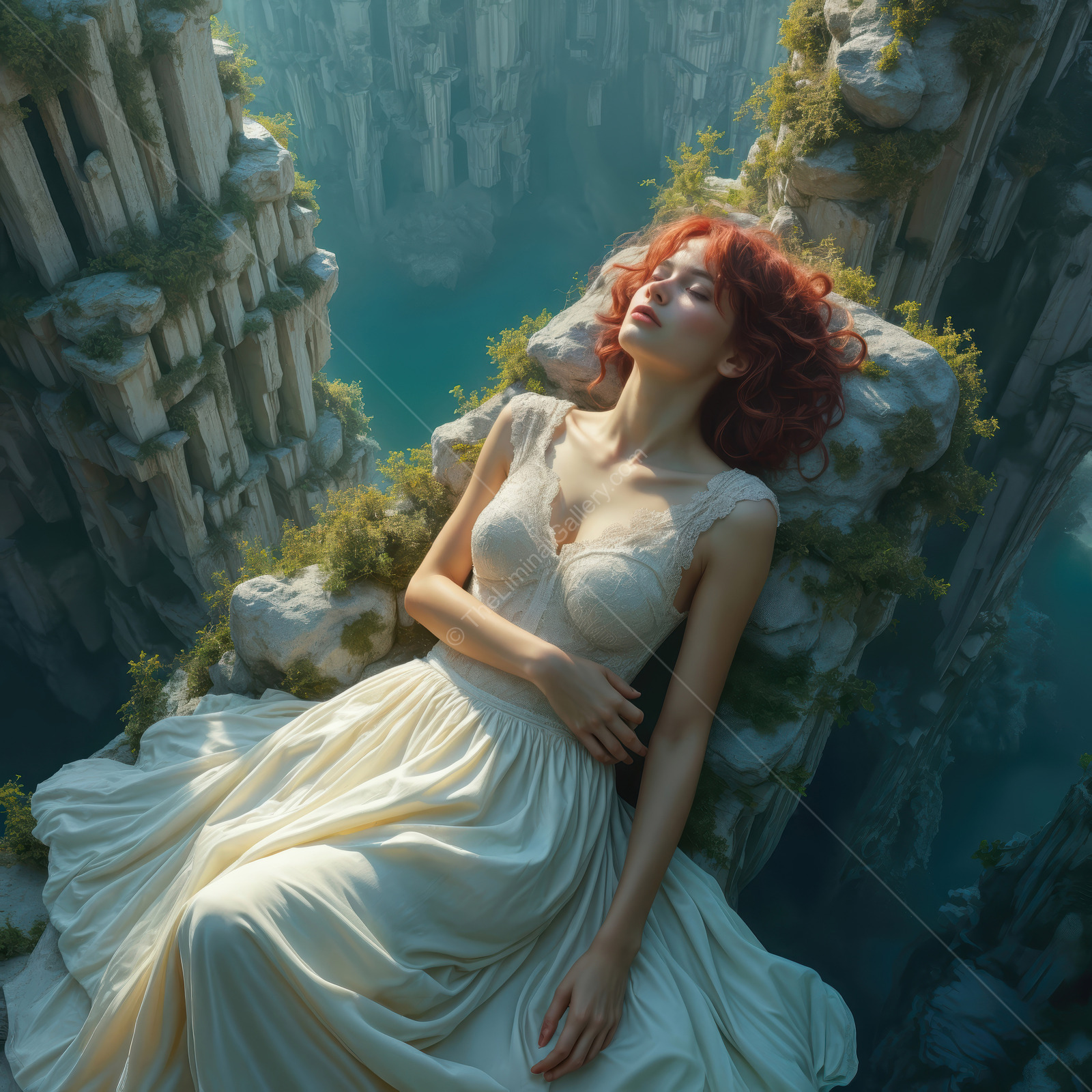 Woman reclines on a rocky ledge above calm water, cliffs and greenery softened by diffused light