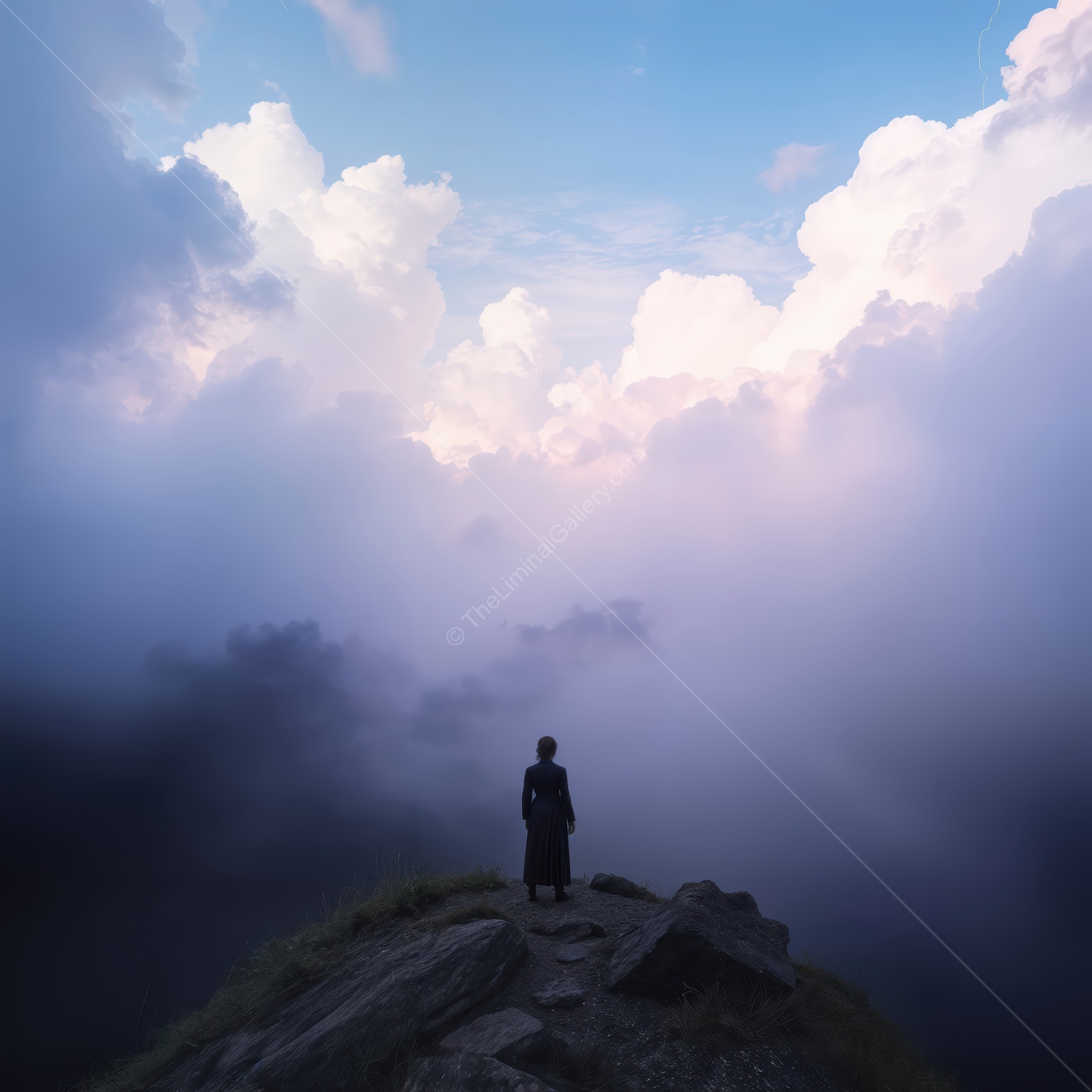 Woman stands on a rocky peak at dawn watching clouds churn below, pastel light edging the mist